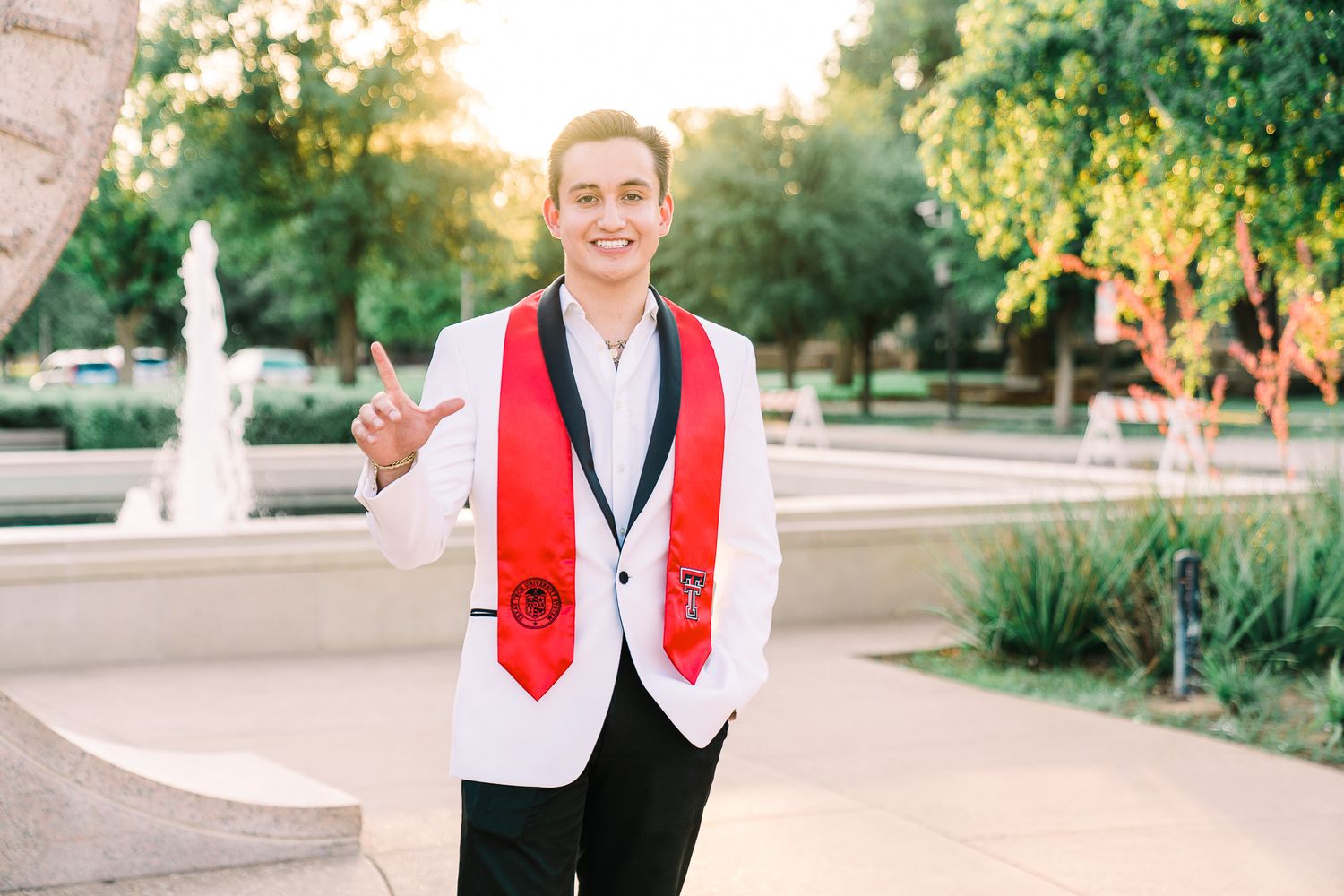 A series of graduation photos taken outdoors showing someone in academic regalia with a red stole against a blurred garden background.