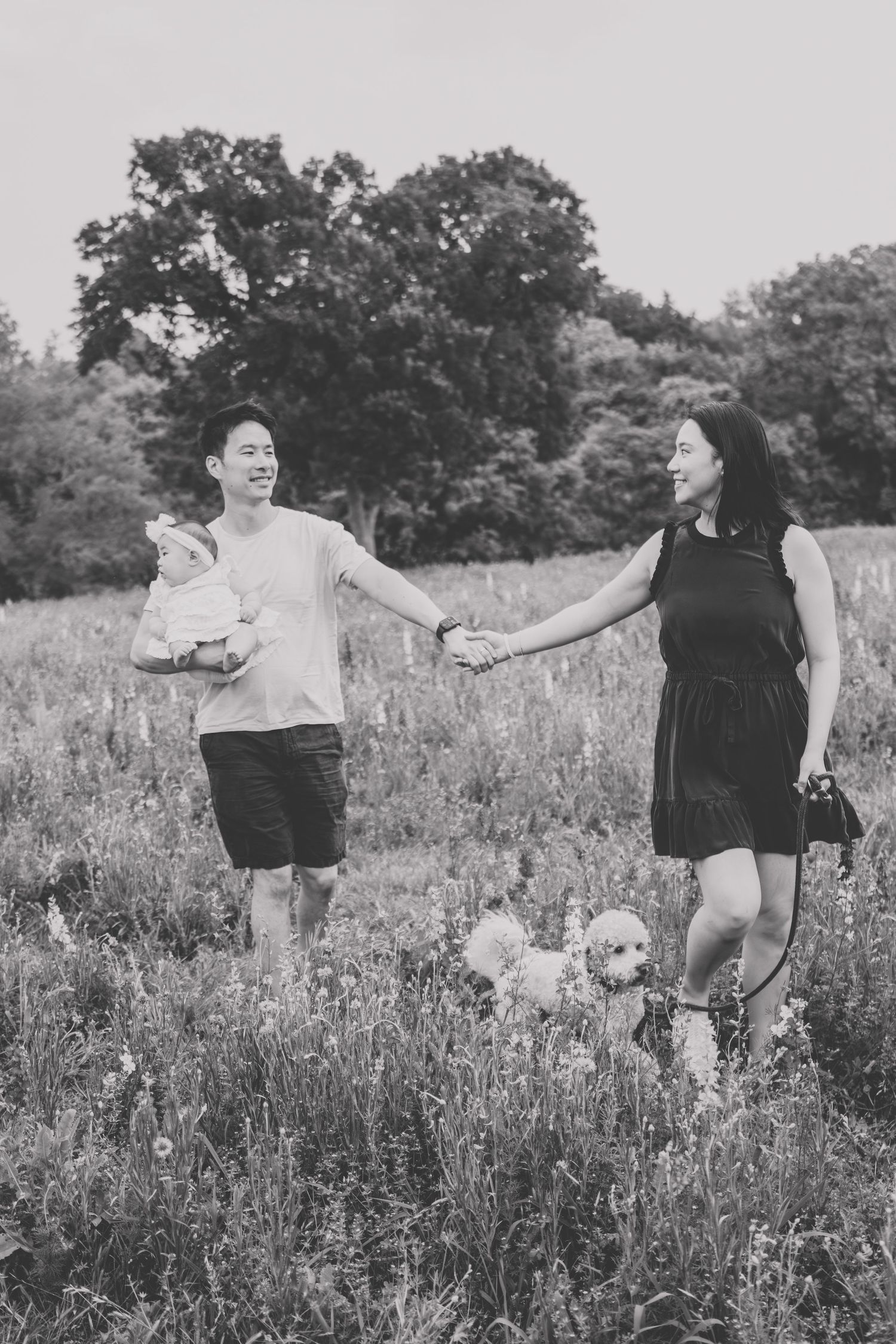 Black and white photo of a couple holding hands in a meadow, man carrying baby, woman holding leash of small fluffy dog.