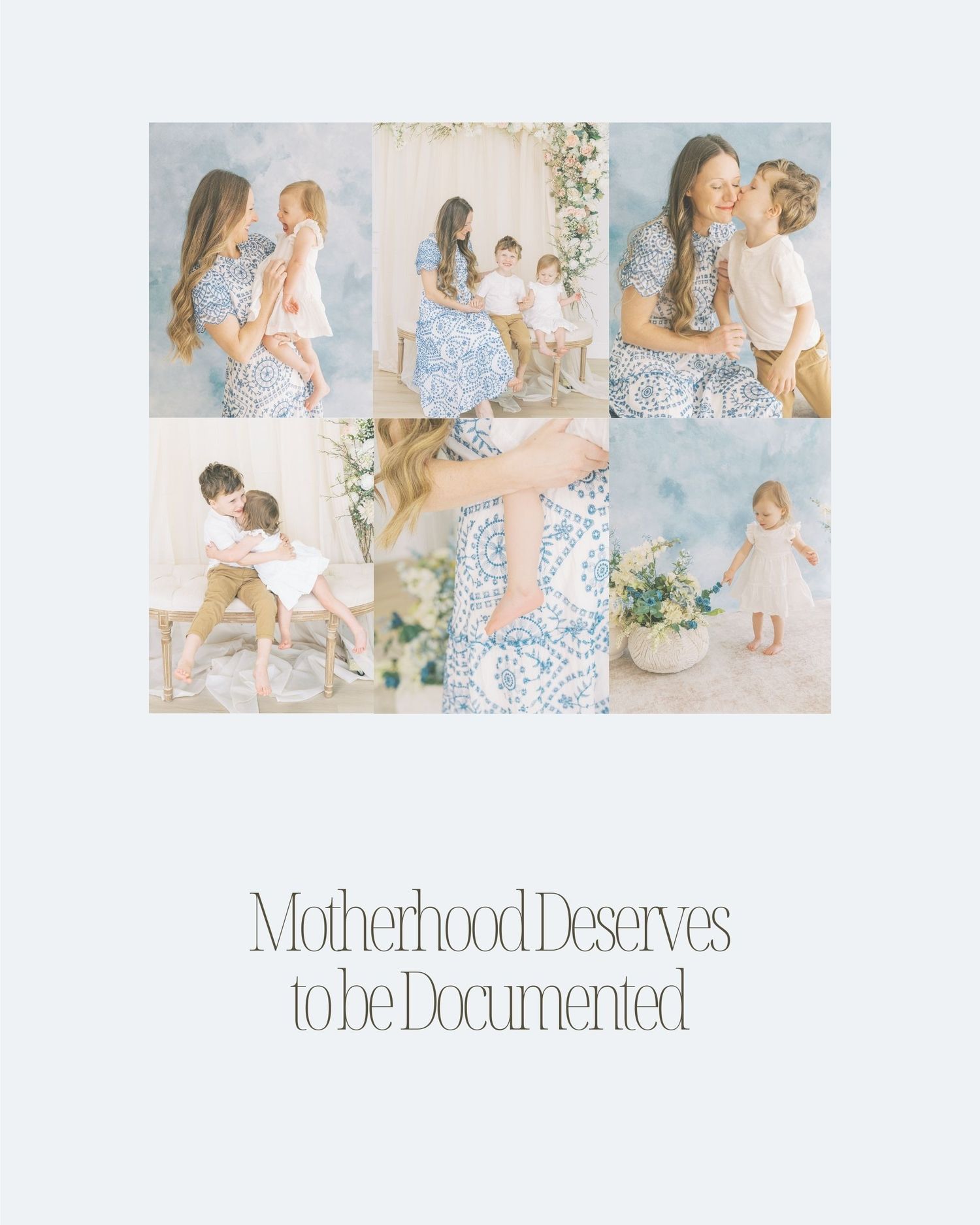 Soft pastel toned photo collage showing tender moments between mother and child in light floral setting.
