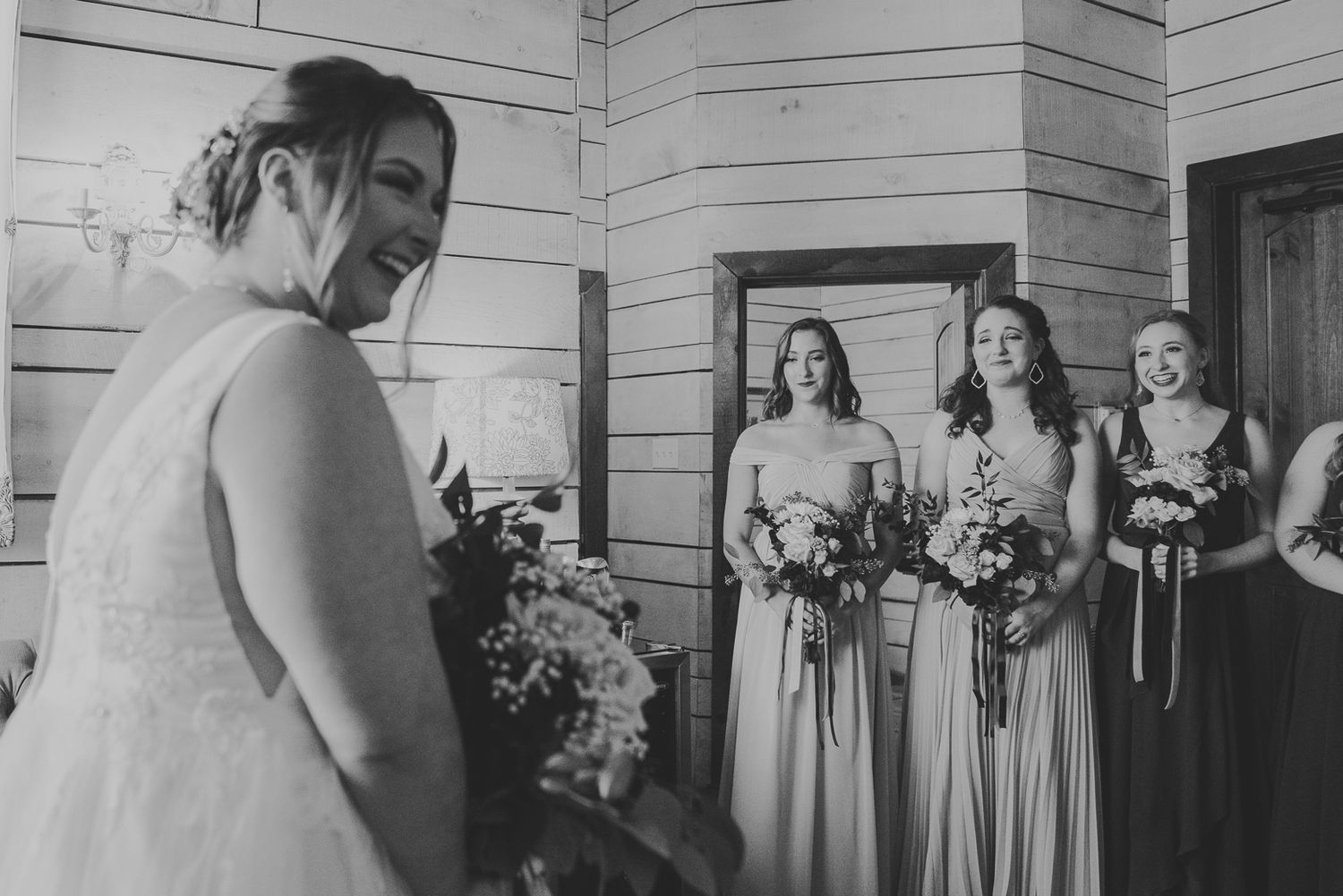 A black and white wedding photo collage showing a bridal party in formal attire at a traditional ceremony.