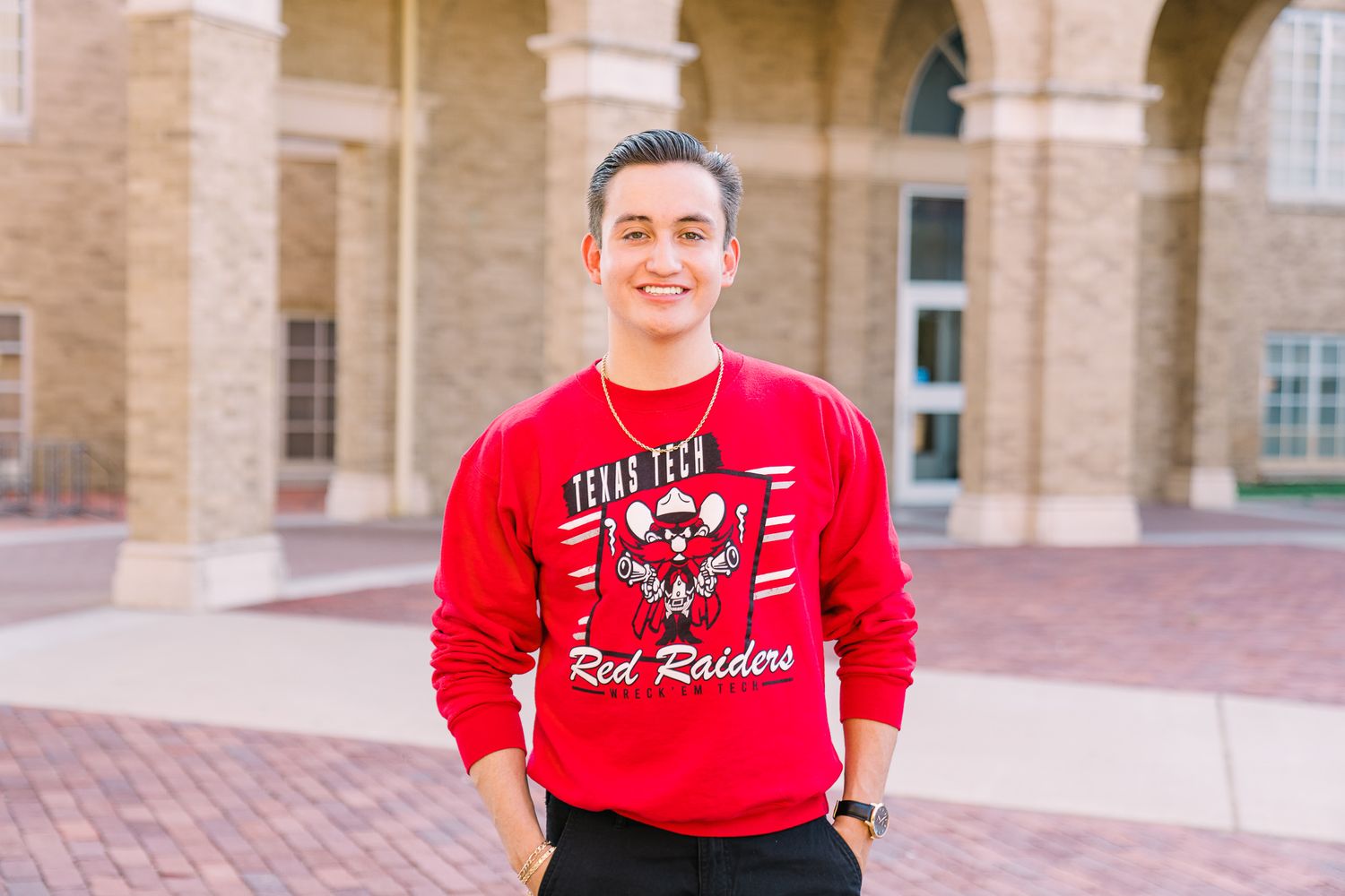 A row of collegiate photos showing someone in a red Texas Tech Raiders sweatshirt posing against brick walls.