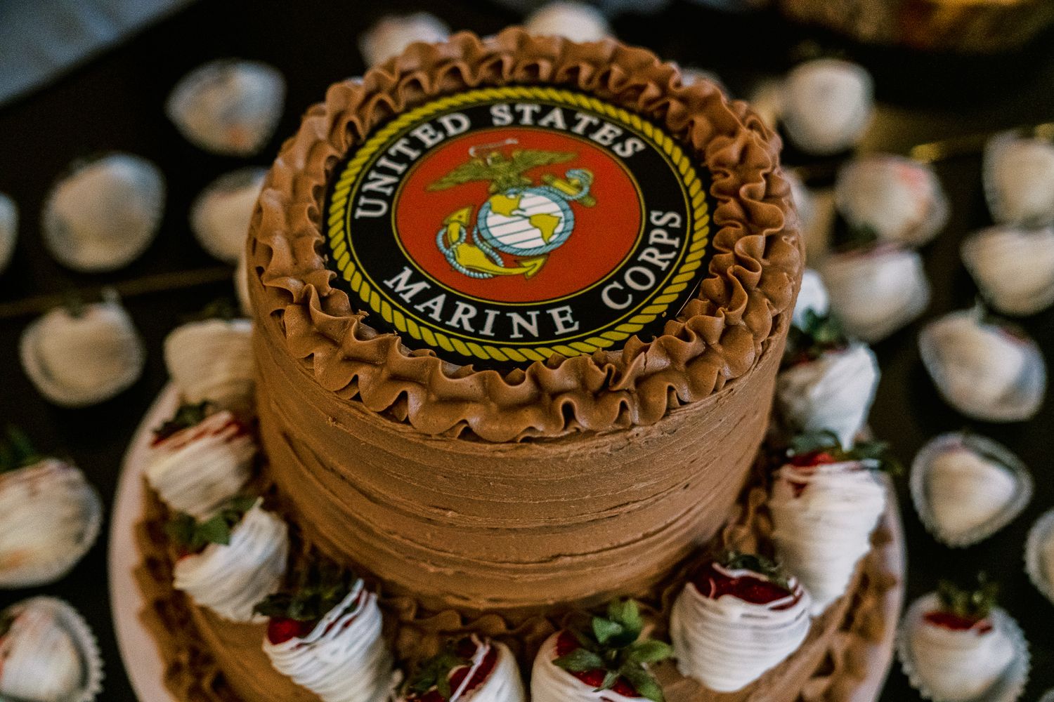 A chocolate frosted cake decorated with the United States Marine Corps emblem and surrounded by cupcakes.