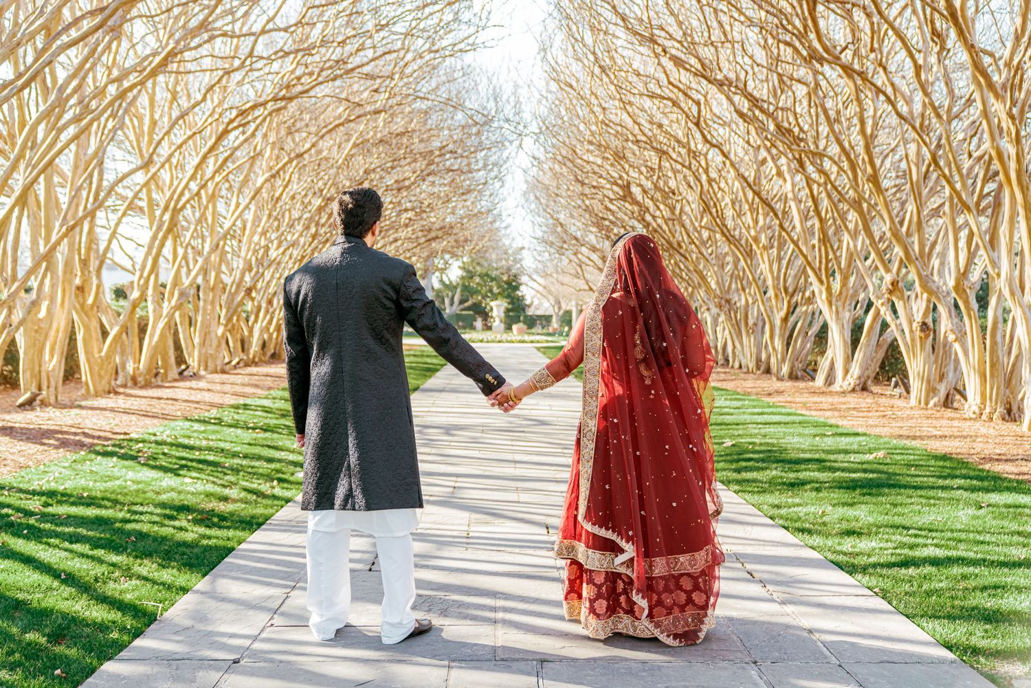 A couple walks hand in hand through a tree-lined pathway with golden branches arching overhead on a sunny day.