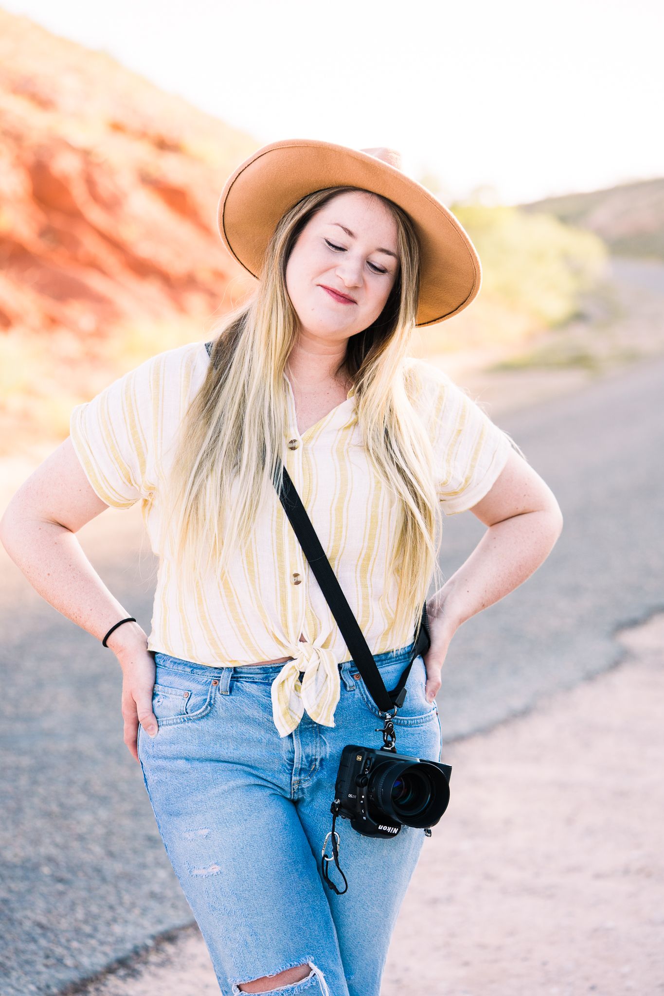 A series of lifestyle photos featuring a person in a sun hat and jeans against a warm sunset backdrop.