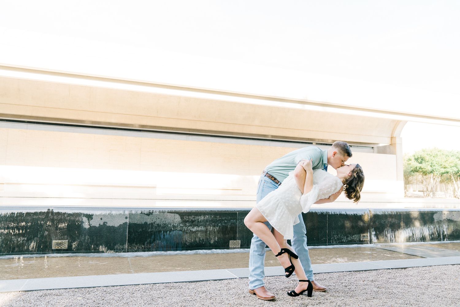 Artistic sequence showing couple in casual wear interacting against minimalist white background.