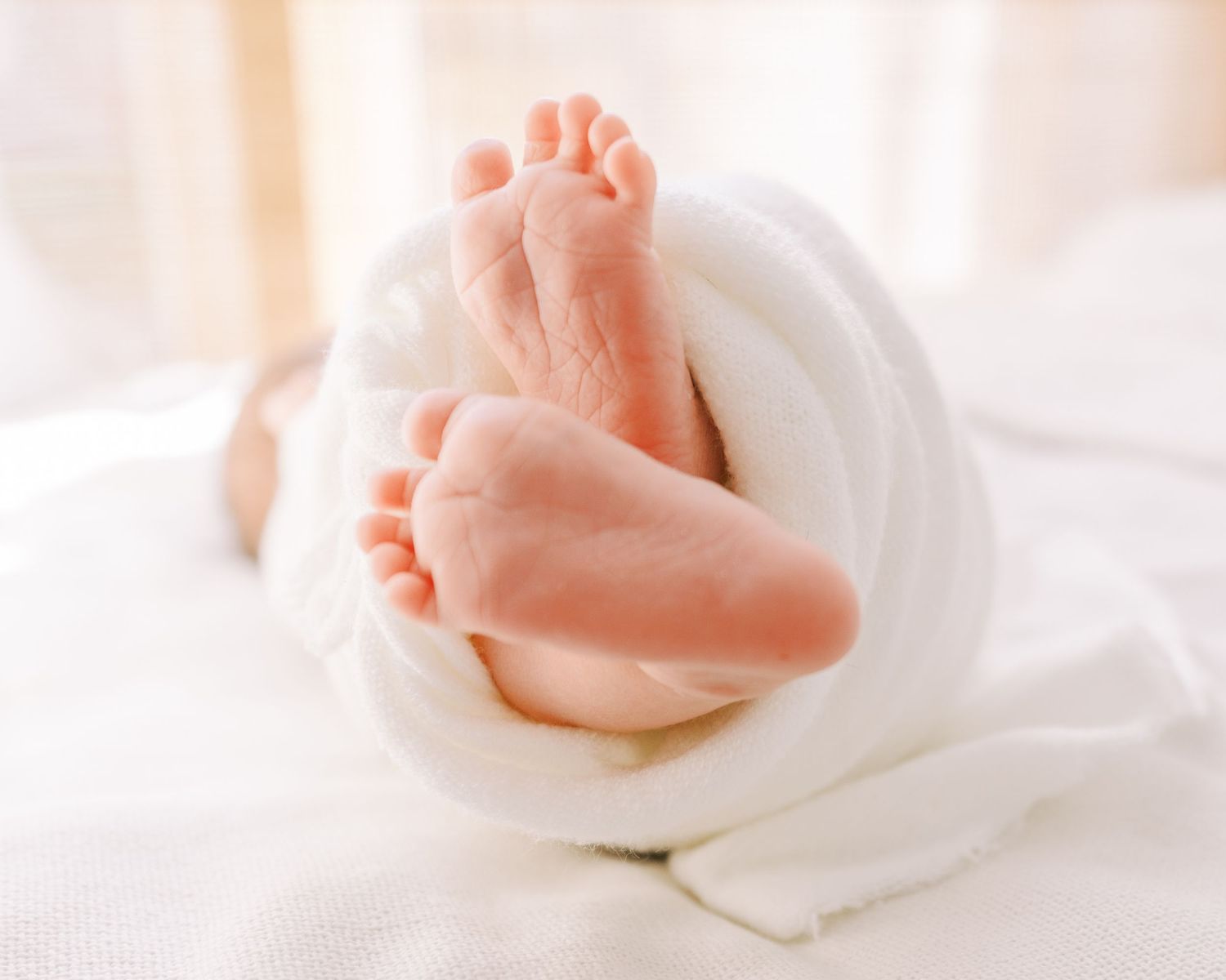 Newborn baby feet wrapped in soft white blanket, close-up of tiny infant toes on white background.
