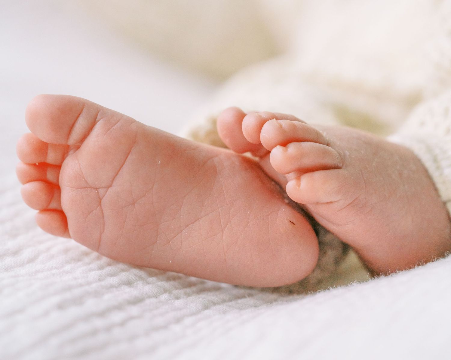 Close-up of tiny newborn baby feet resting on a soft white knit blanket.