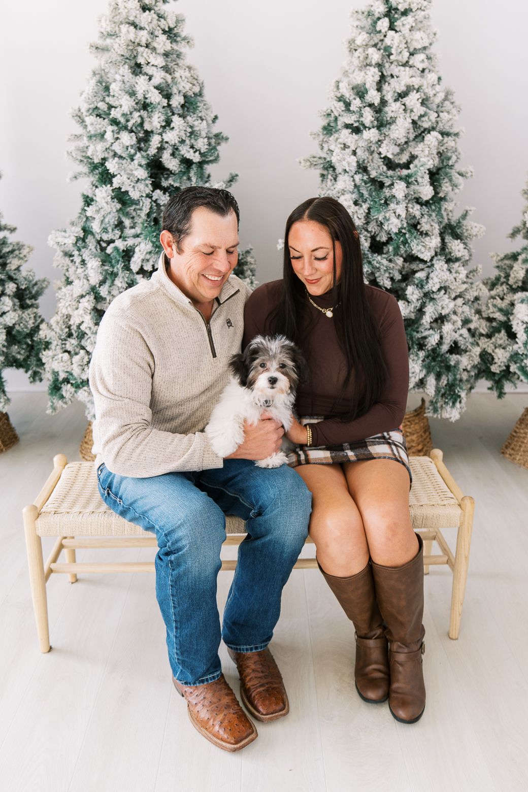 A couple sits on a wooden bench with their small fluffy dog against a backdrop of snow-covered Christmas trees.