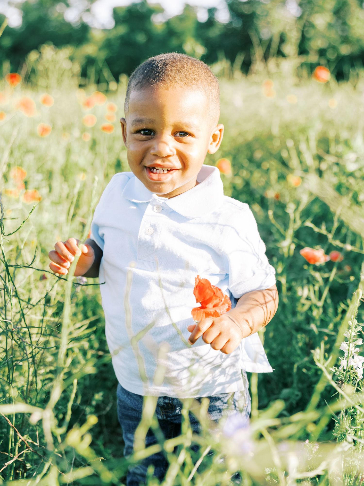 A child wearing white explores a vibrant wildflower meadow filled with orange poppies on a sunny day.