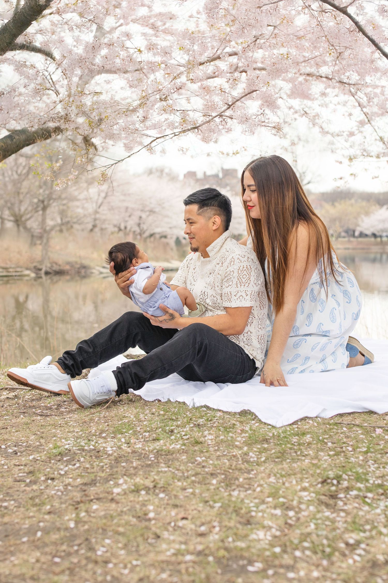 A family sits on a blanket beneath blooming cherry blossom trees beside a tranquil lake during spring.