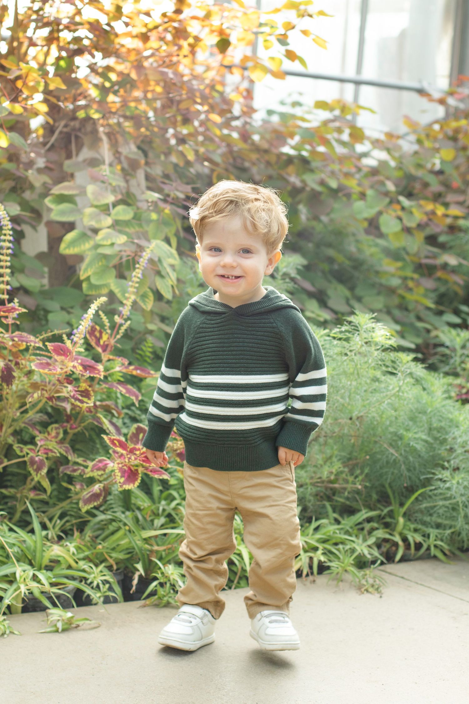Small child wearing striped sweater and khaki pants stands on path surrounded by autumn foliage.