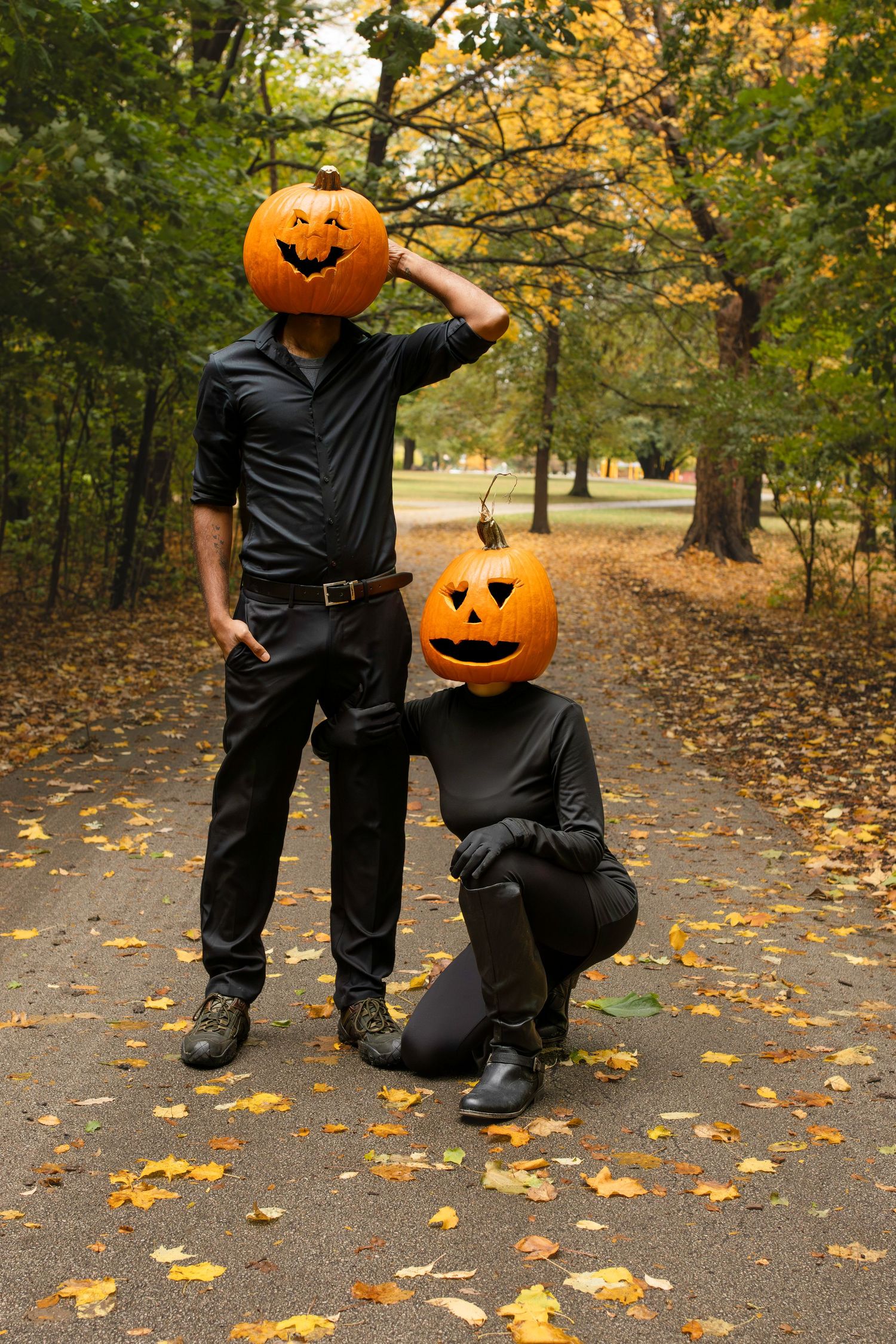 A Halloween-themed photo sequence showing a pumpkin head figure kneeling and proposing in an autumn park setting.