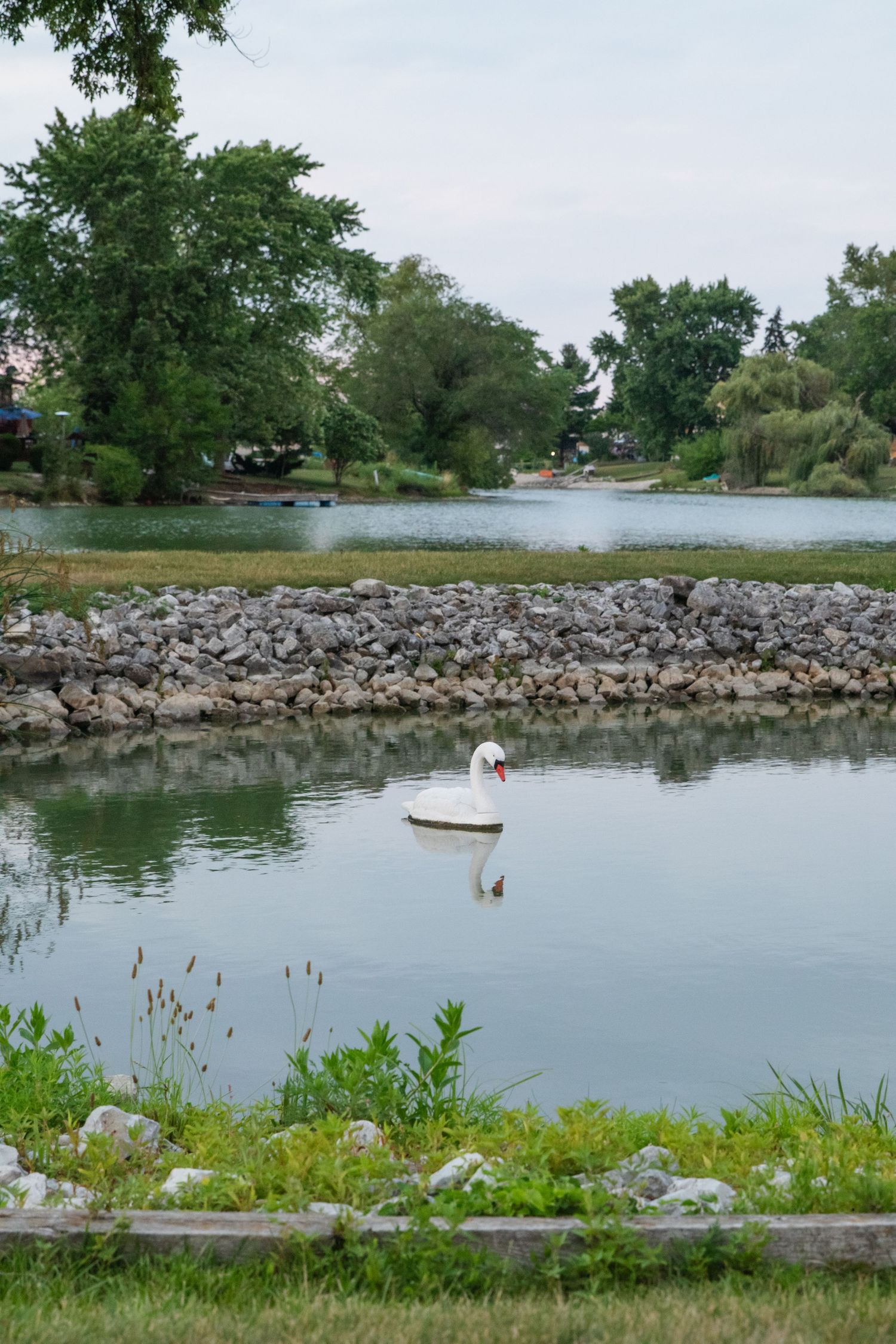 A serene waterfront view with a stone breakwater and lush greenery along the shoreline of a calm lake.