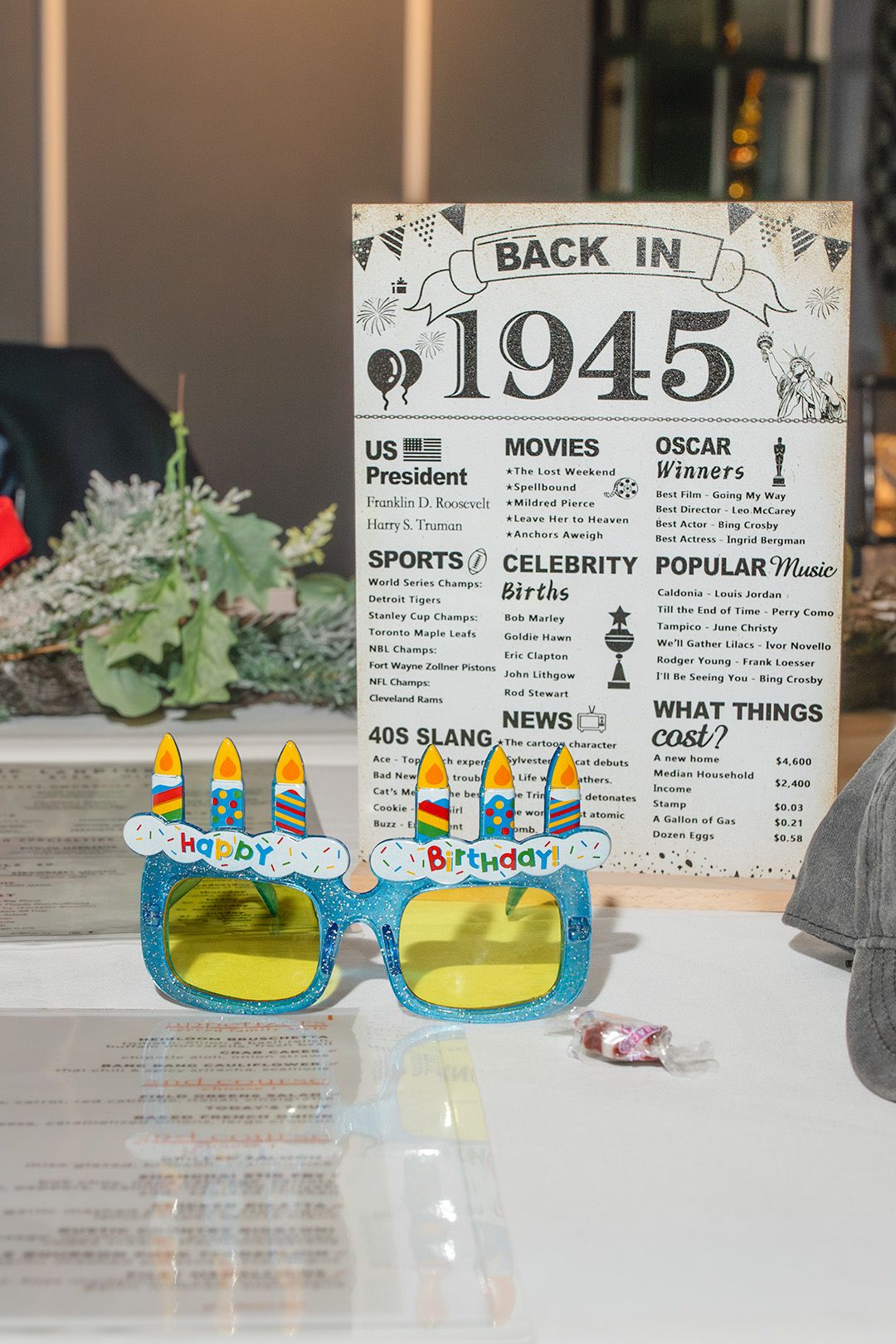 Retro-style sunglasses with blue and yellow tinted lenses displayed alongside vintage 1945 memorabilia and birthday decorations.