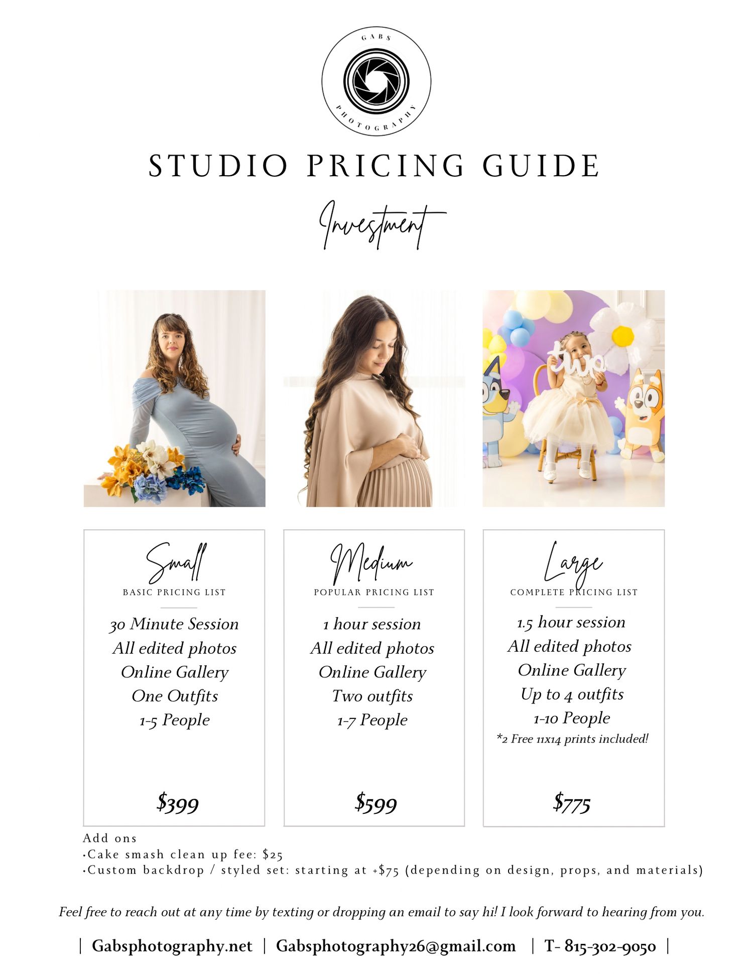 Studio photography pricing guide featuring three package tiers with sample portraits of maternity and child sessions.