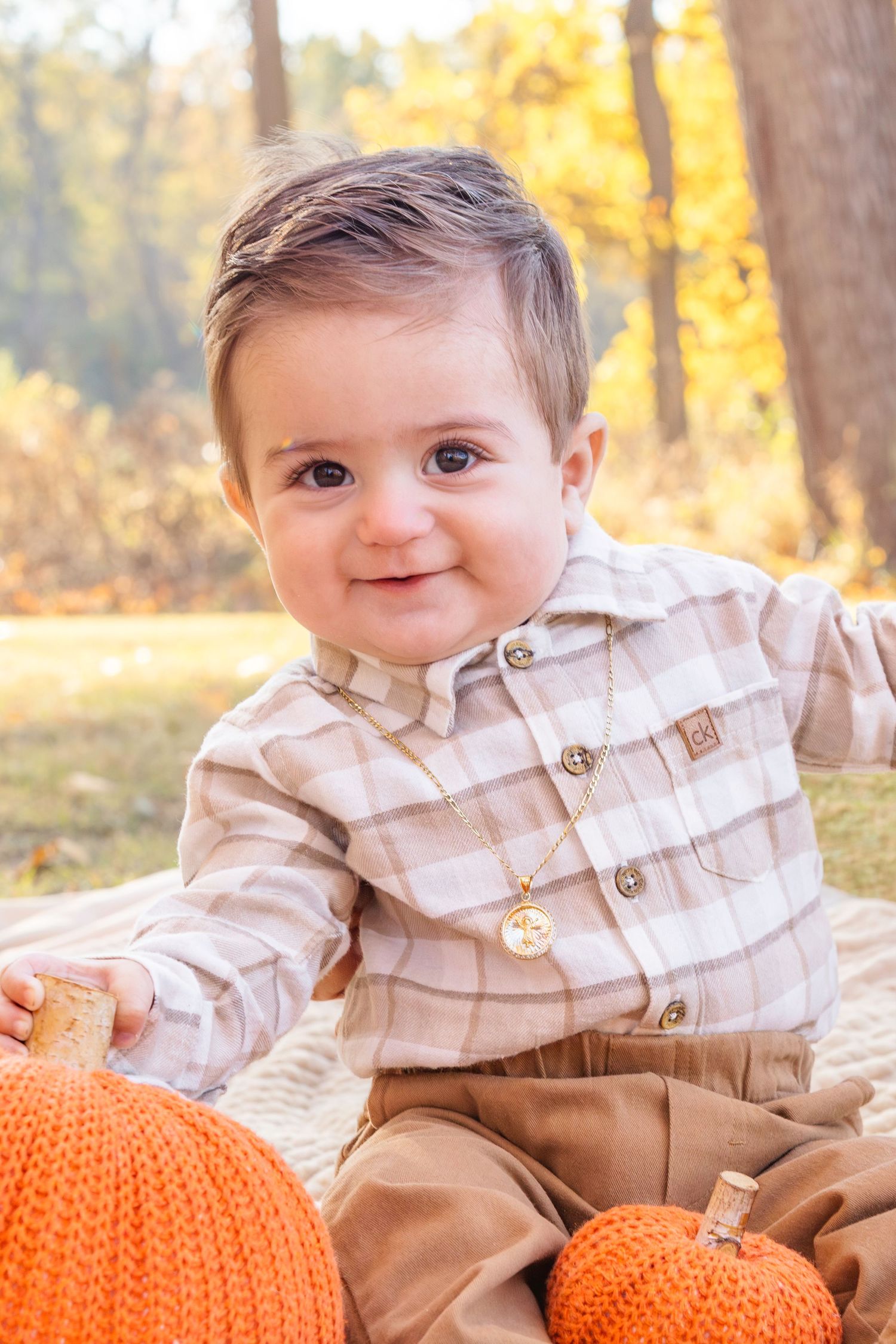 A toddler in a plaid shirt and brown pants sits with orange pumpkins during an autumn outdoor photoshoot.
