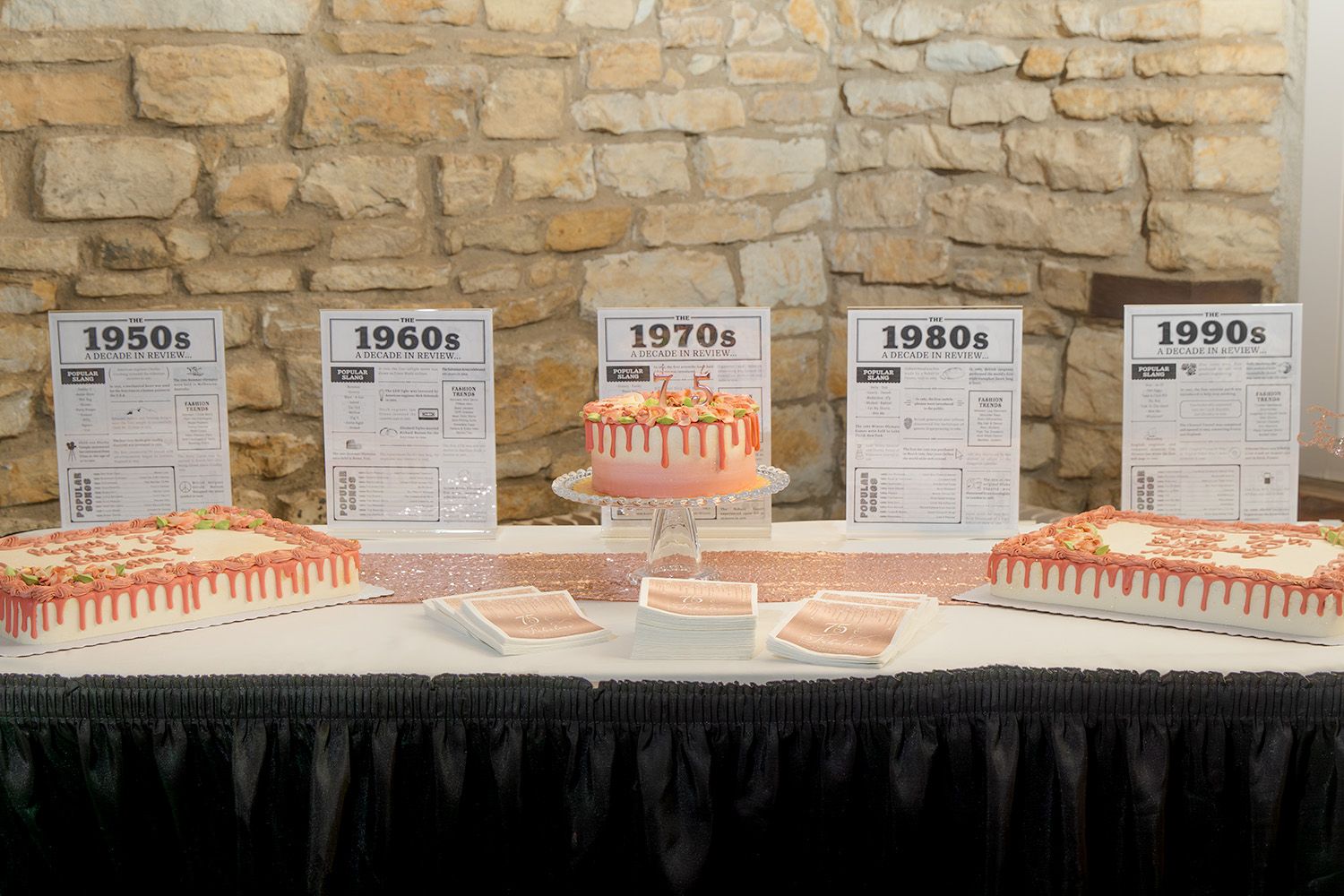 A dessert table featuring sheet cakes and a tiered cake with decade review signs from the 1950s through 1990s.