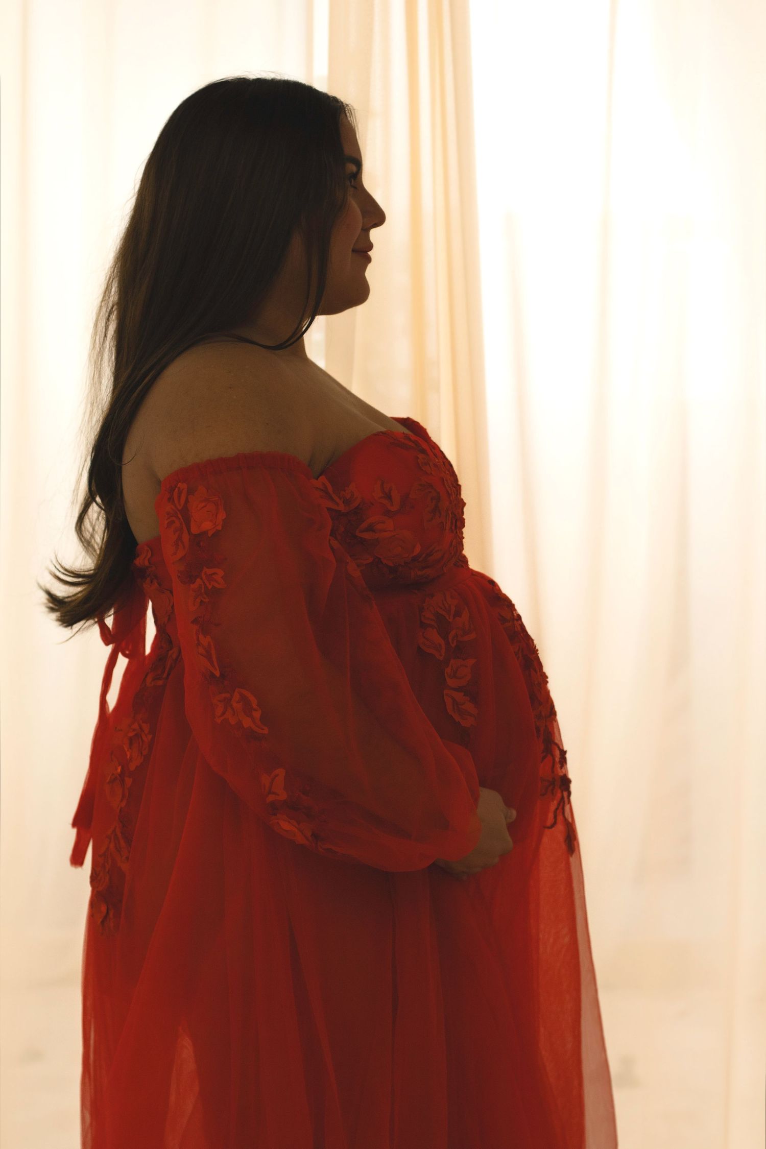 Side profile maternity silhouette wearing a flowing red lace gown against a light curtain background.