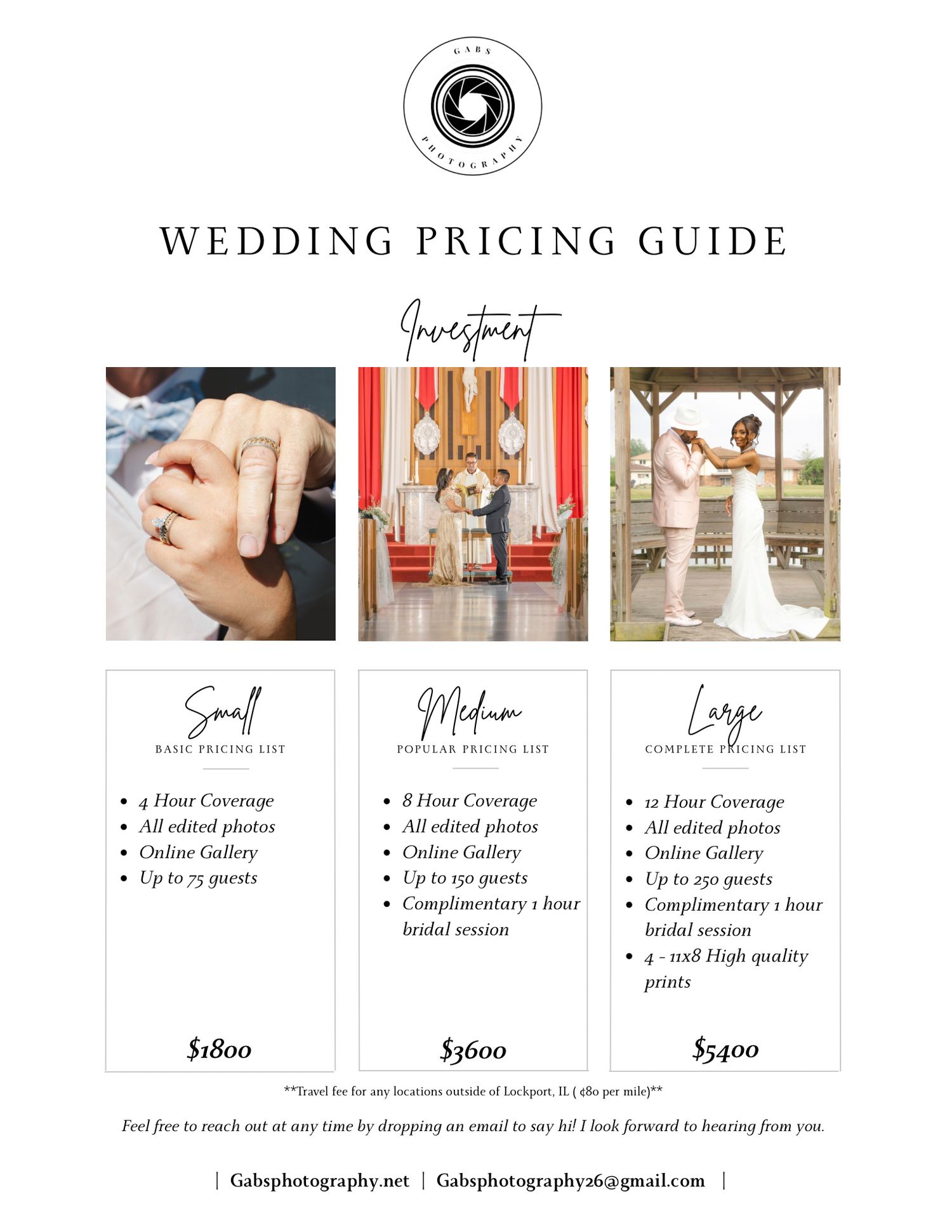 Wedding pricing guide featuring ring exchange, decorated altar, and bride and groom portrait for small, medium, and large packages.