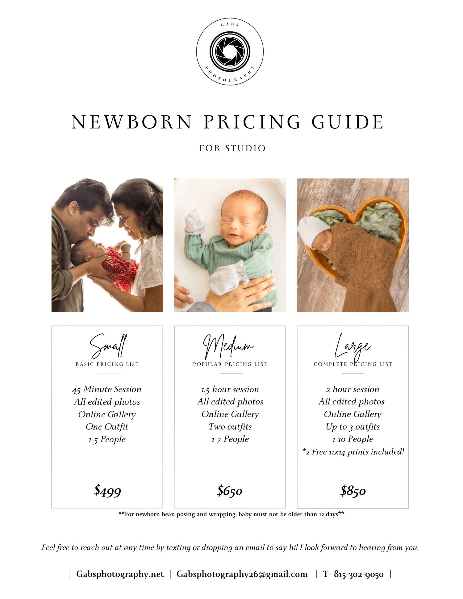 Newborn photography studio pricing guide featuring three packages starting at $499 with adorable baby portrait samples.
