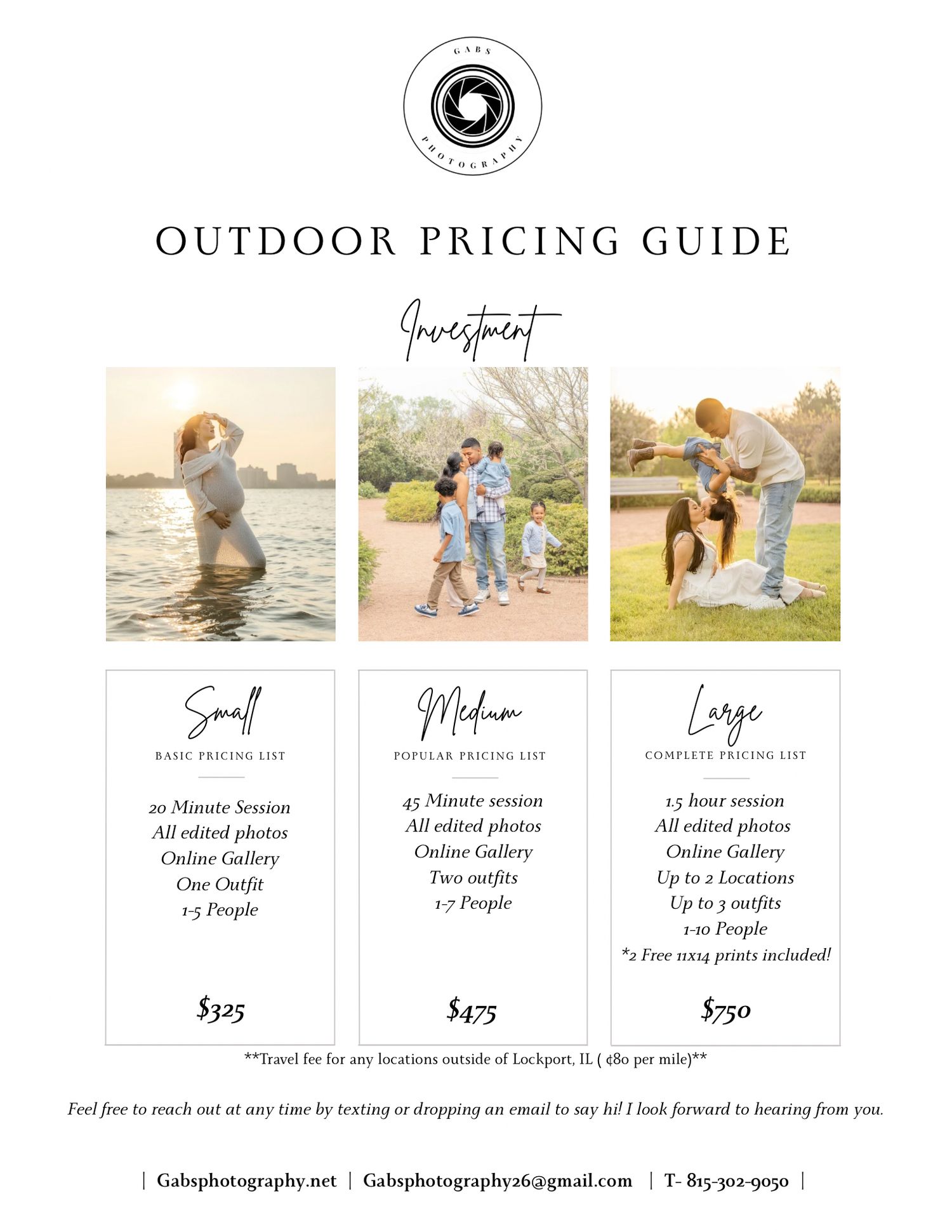 Outdoor photography pricing guide featuring three family portrait packages ranging from $325 to $750 with sample session photos.