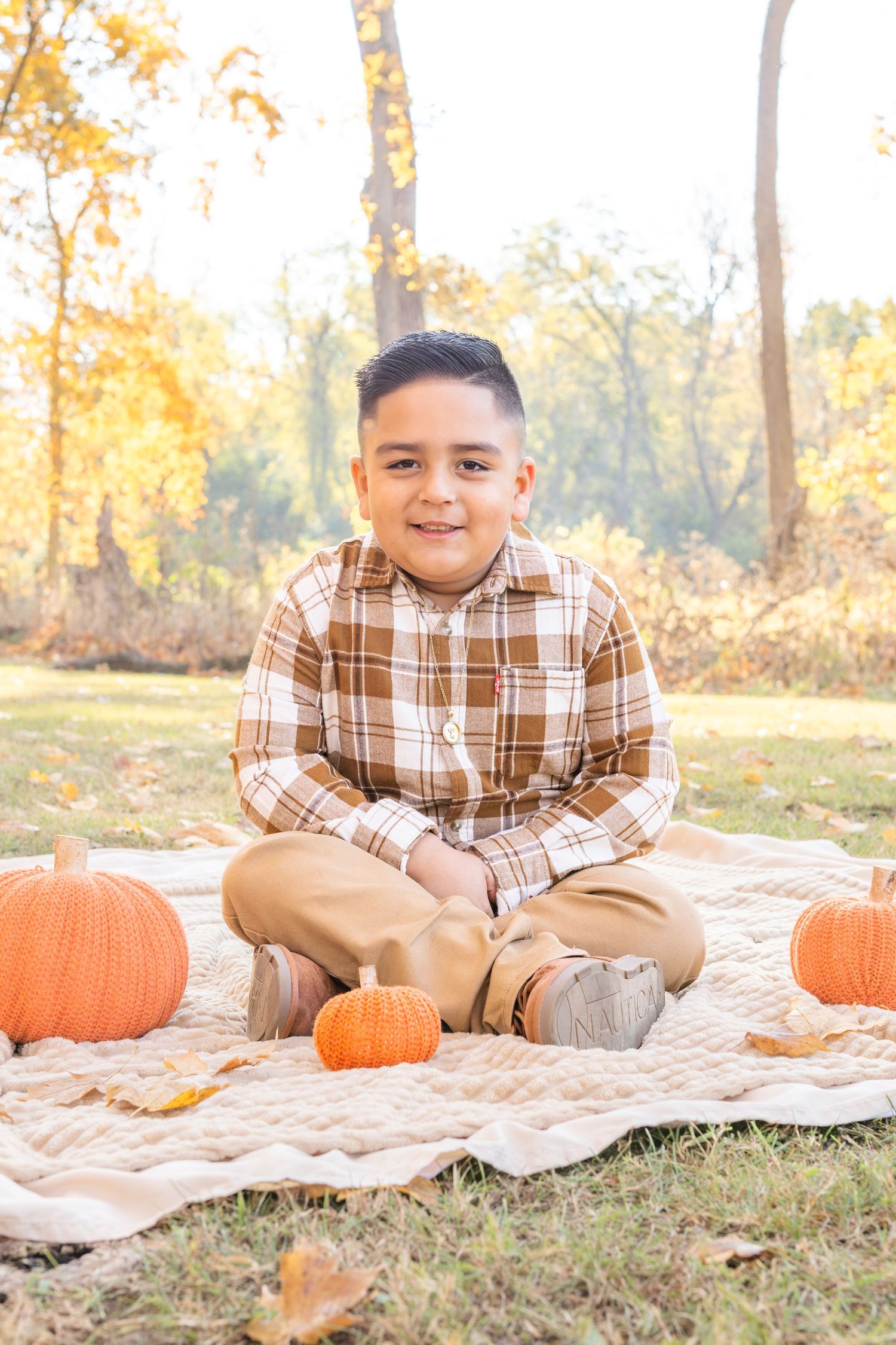 Fall outdoor photo session setup with plaid blanket, decorative pumpkins and autumn foliage in natural lighting.