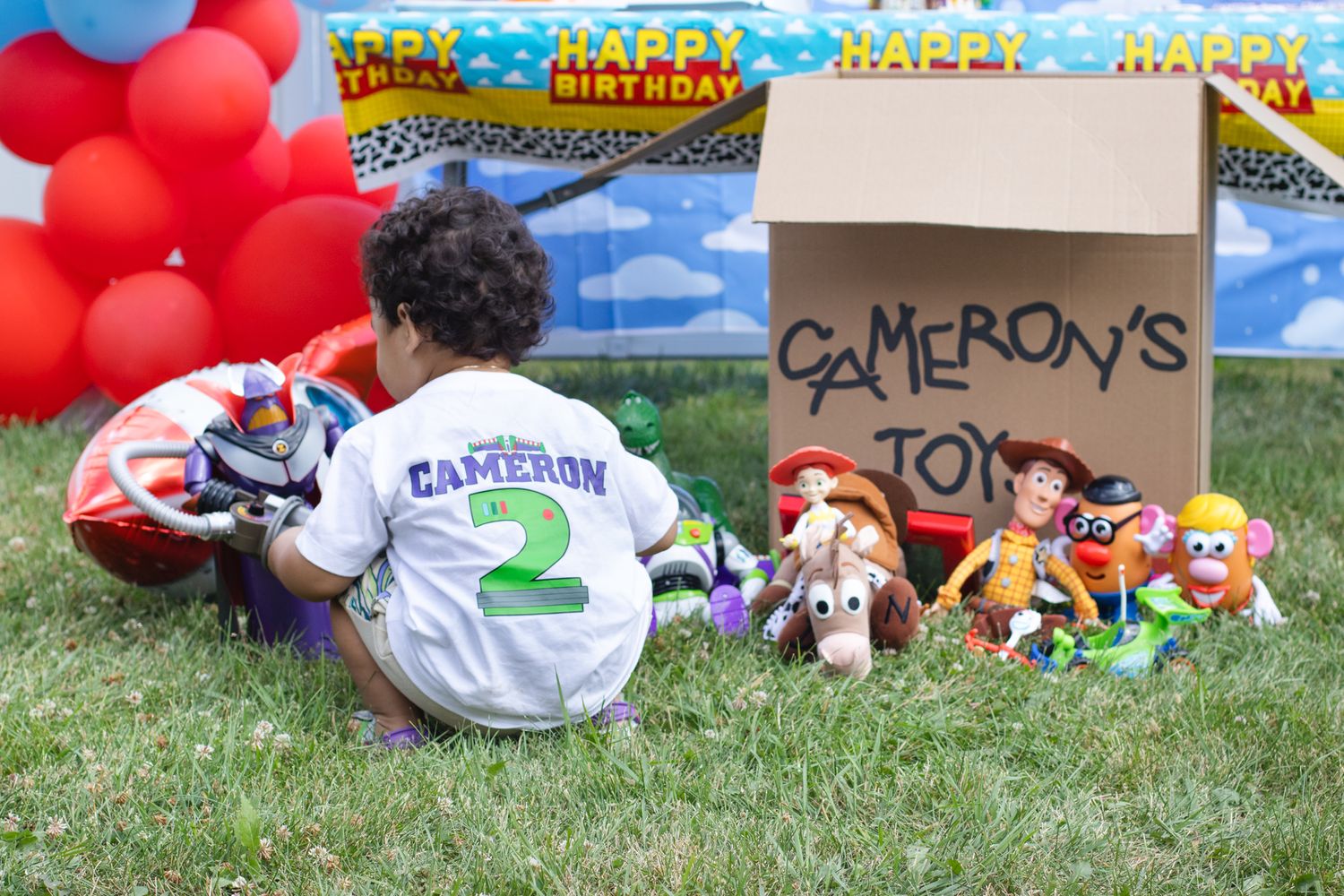 Toy Story themed birthday party setup with stuffed characters and red balloons.