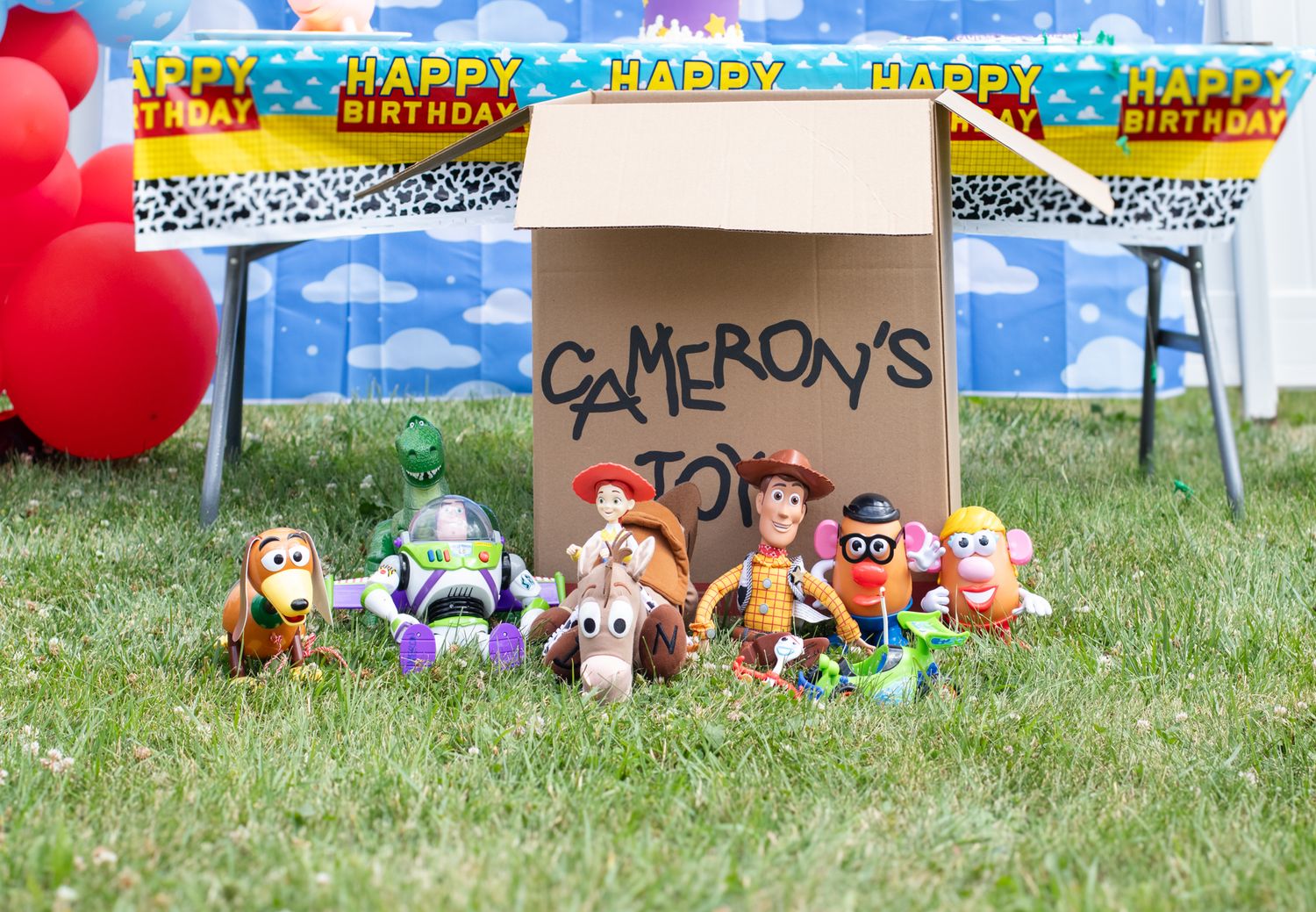 Birthday party setup with stuffed animals and decorative banner on grass outdoors.