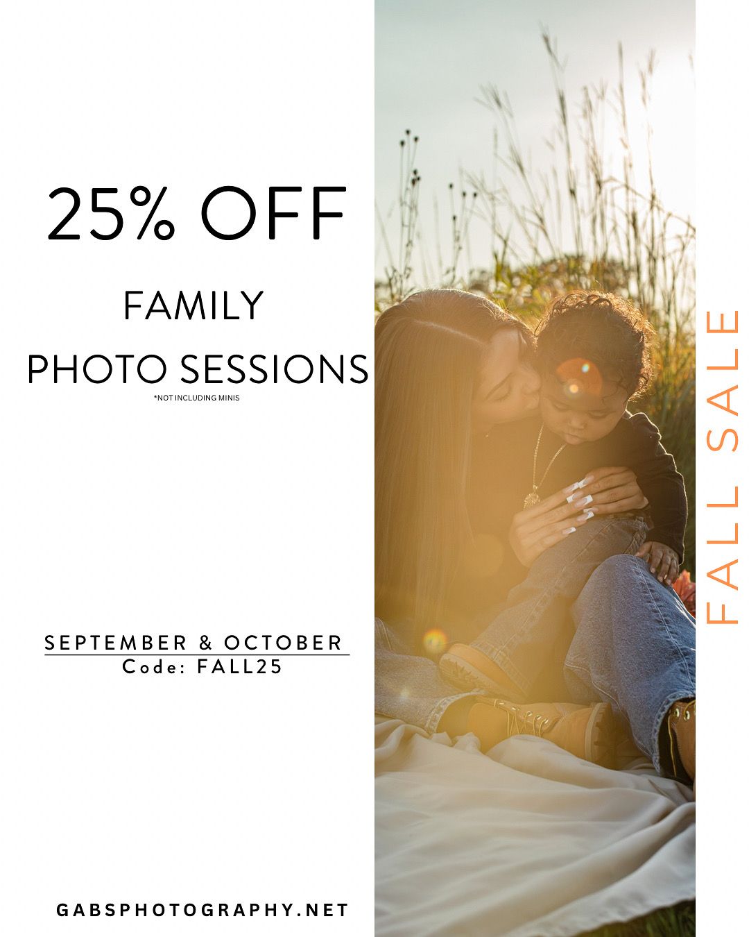 Sun-drenched couple embracing on white linens during an autumn outdoor photo session advertisement offering 25% off.