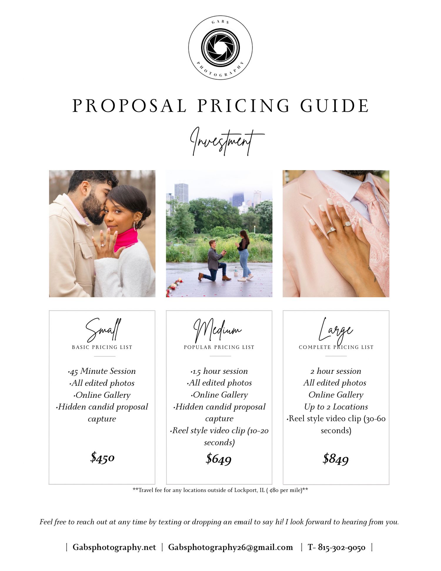 A proposal photography pricing guide featuring romantic couple engagement photos with small, medium, and large session packages.