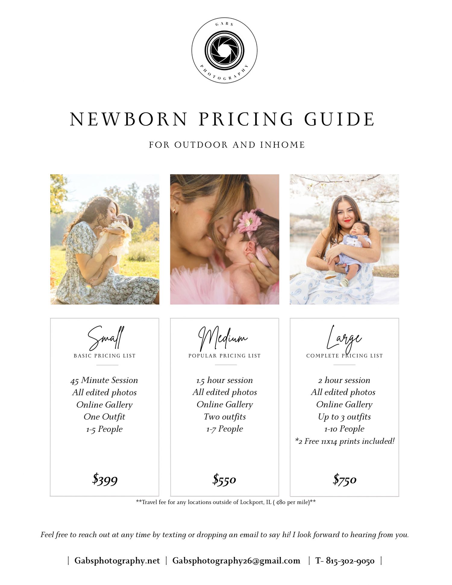 Newborn photography pricing guide featuring outdoor and in-home session packages with soft floral images of babies and children.