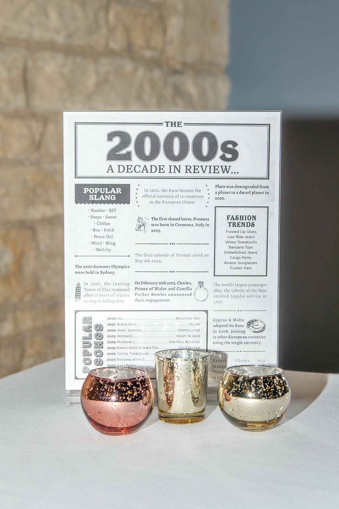 Three mercury glass candles displayed in front of a 2000s decade in review sign at a wedding reception.