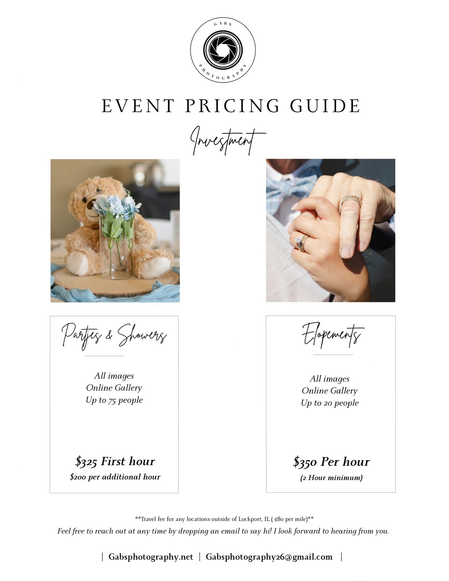 Event pricing guide for parties, showers, and elopements featuring floral arrangements and couple holding hands.
