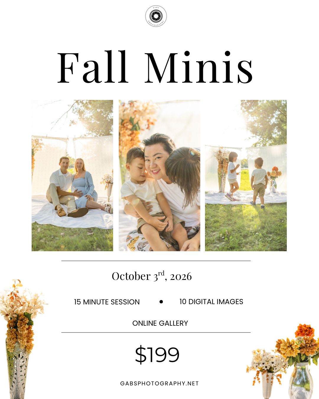 Fall mini photo session flyer showing a family with children outdoors, dated October 3rd 2026, priced at $199.