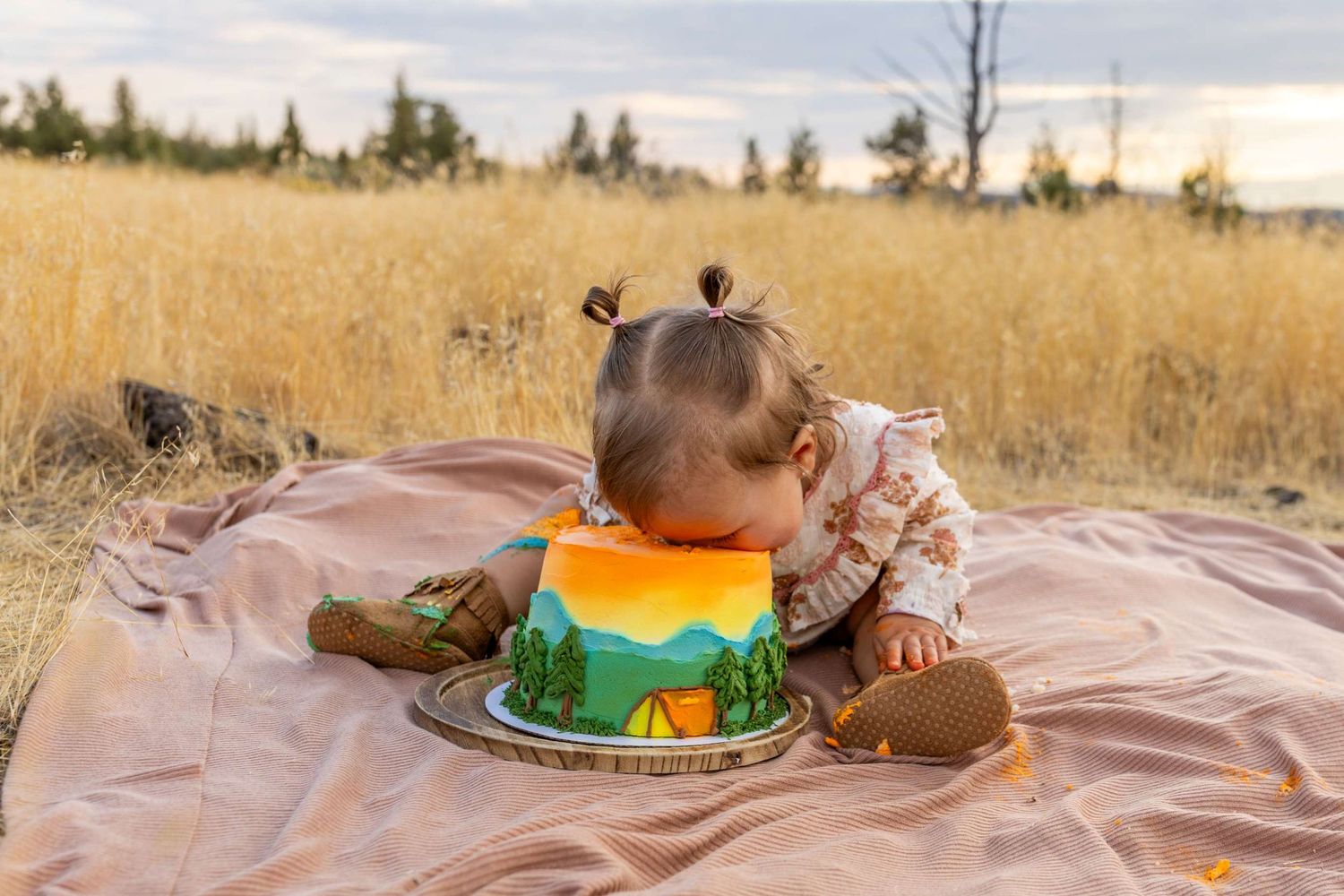 Outdoor cake smash photography session in a golden field with green and orange cakes.