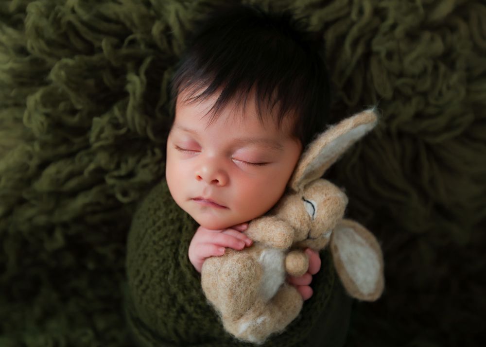 Sleeping newborn baby wrapped in green blanket holding a soft bunny stuffed animal toy.