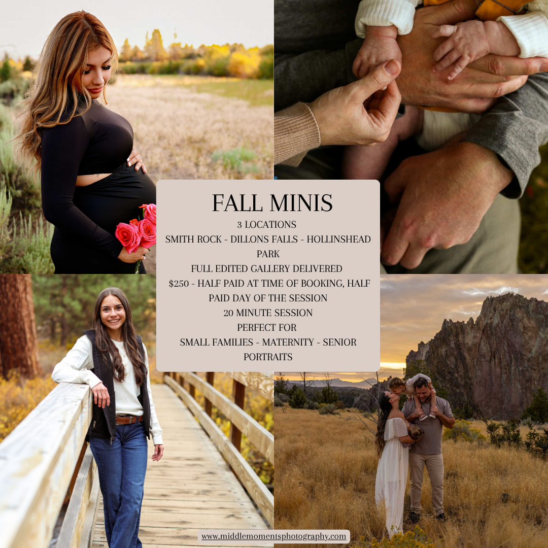 Fall mini photo sessions at Smith Rock, Dillons Falls, and Hollinshead Park, featuring maternity, senior, and family portraits.
