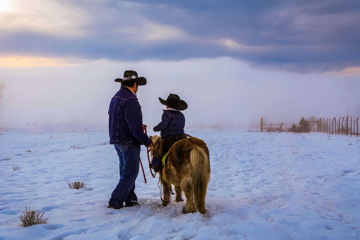 A person and golden retriever explore a snowy winter landscape during a moody sunset.