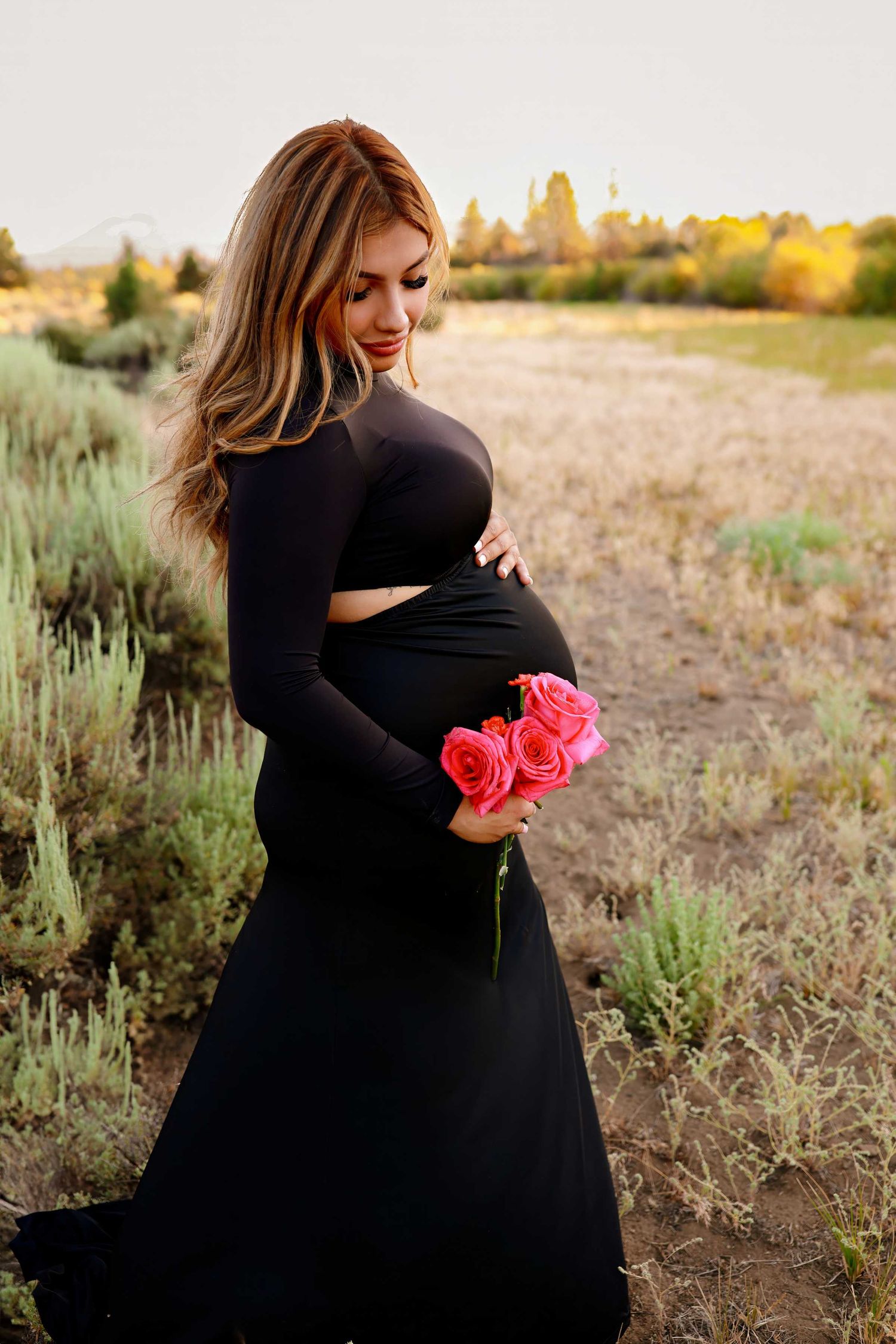 Outdoor maternity photoshoot featuring a person in black dress holding pink roses in a field at sunset.