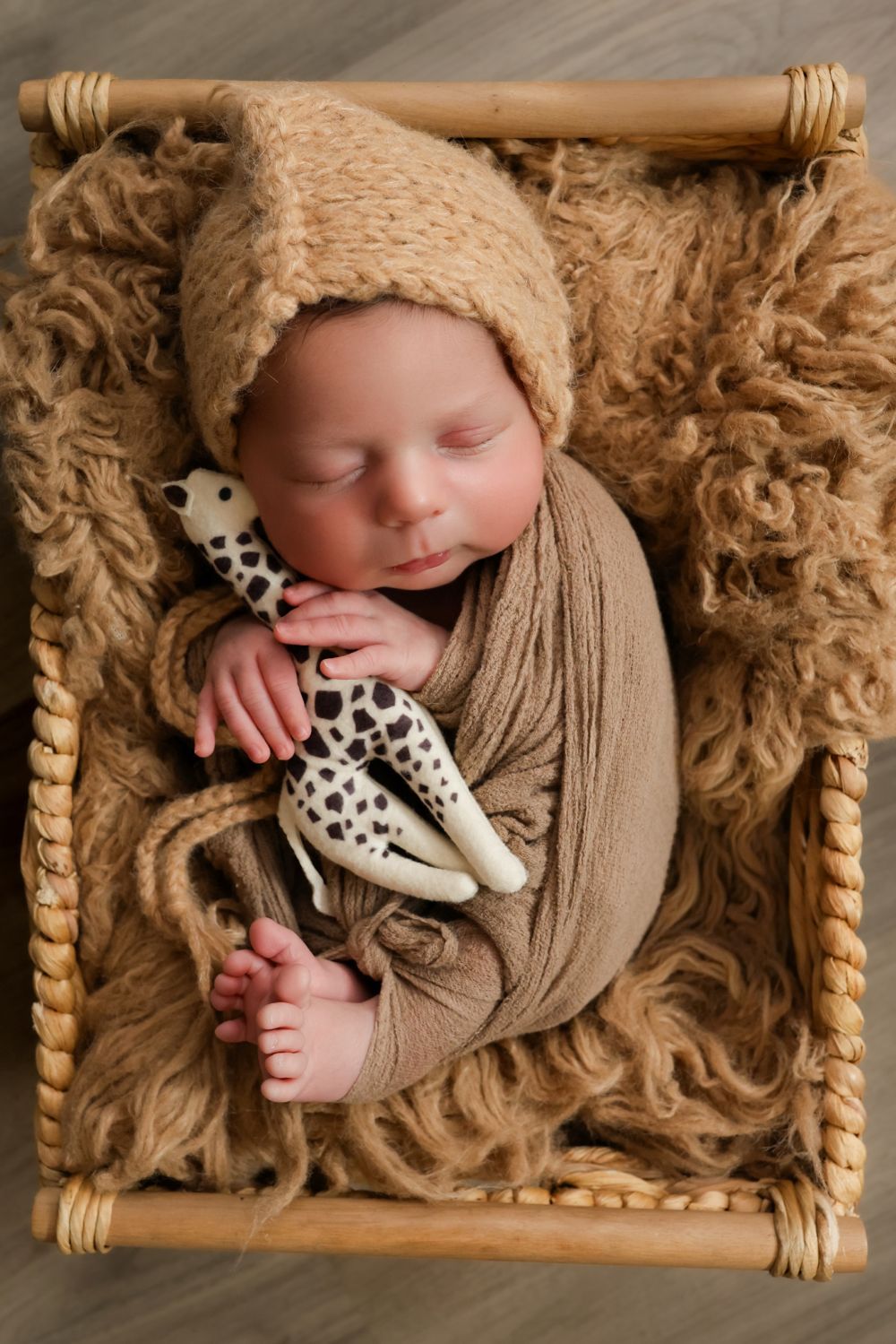 Newborn baby sleeping in wicker basket, wrapped in brown swaddle with knit bonnet, holding a small giraffe toy.