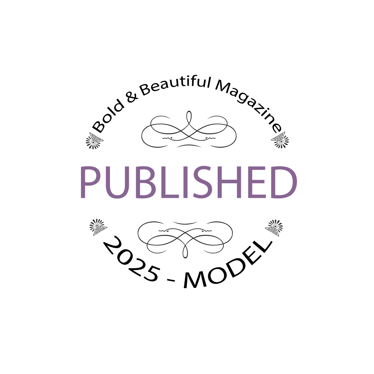 Bold & Beautiful Magazine 2025 Model Published stamp logo in purple and black circular design.