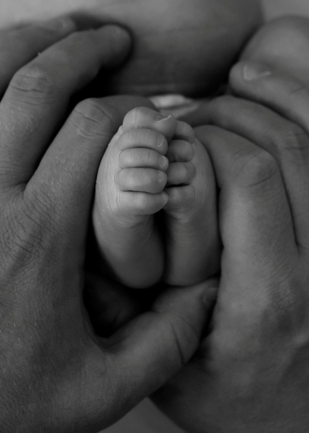Black and white close-up of adult hands gently cradling tiny newborn baby feet and toes.