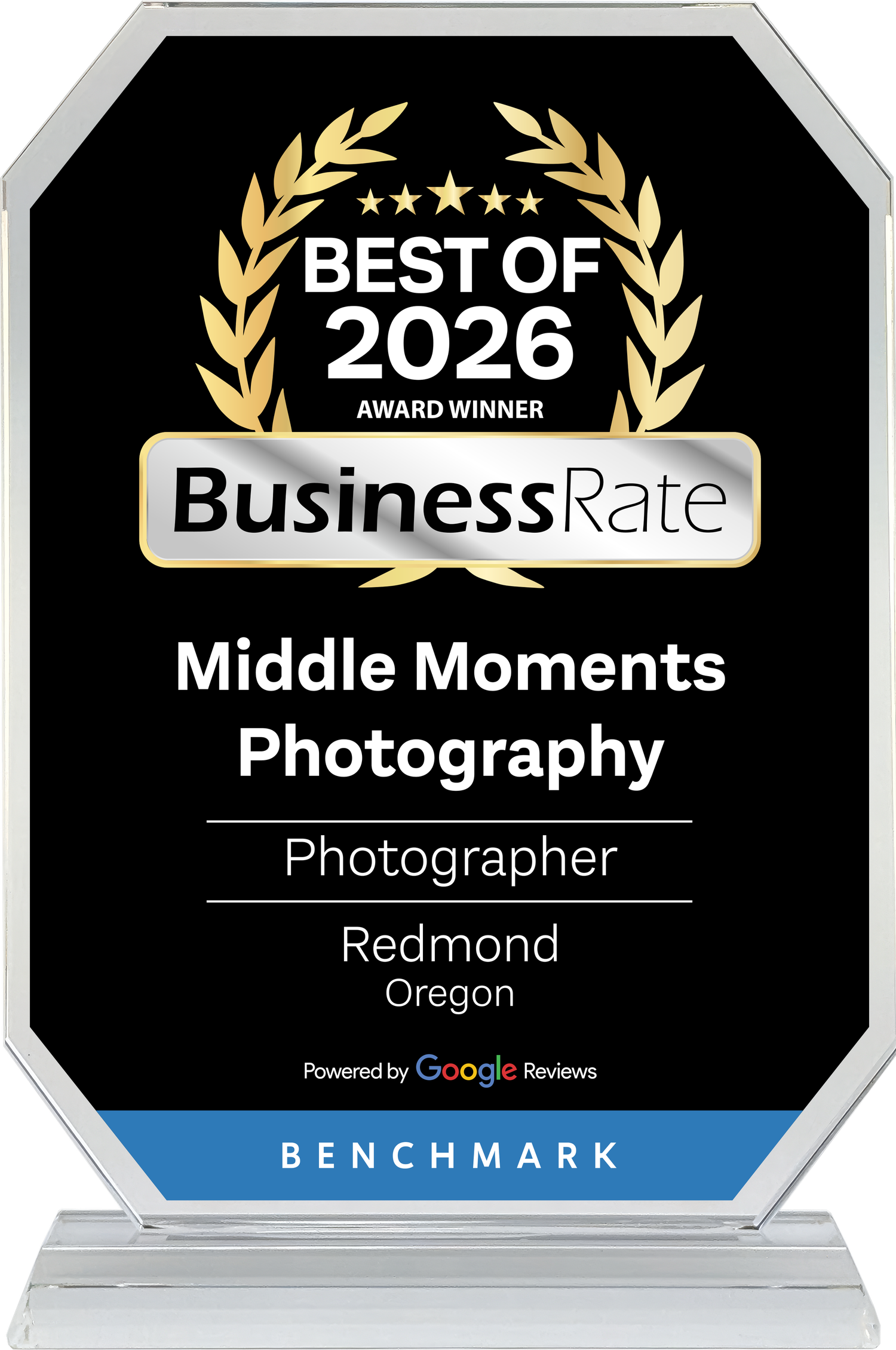 BusinessRate Best of 2026 Award Winner plaque for Middle Moments Photography, a photographer in Redmond, Oregon.