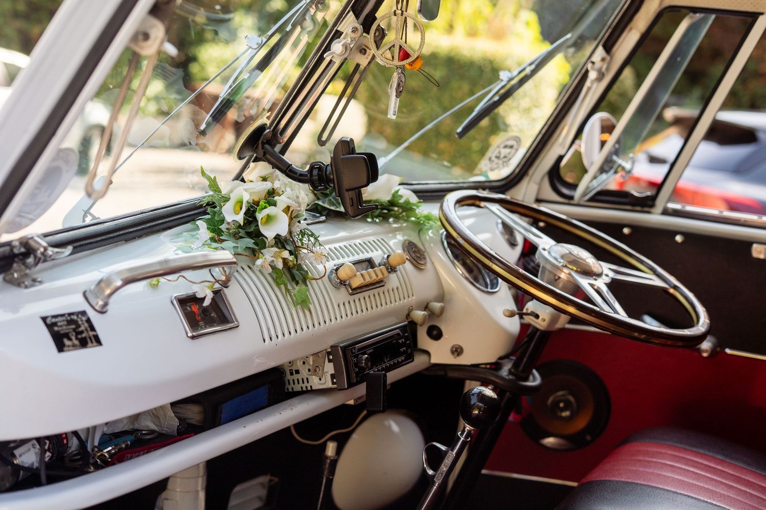 An interior shot of a VW campervan wedding car, parked at the Haytor Hotel, Torquay.