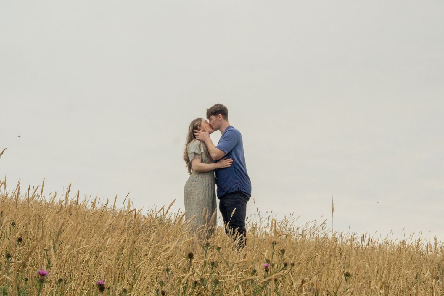 A couple kiss in the field on an autumnal evening in Cornwall