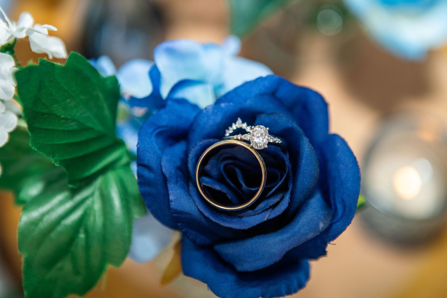 Two wedding rings rest elegantly inside a deep blue rose, symbolizing love and commitment.