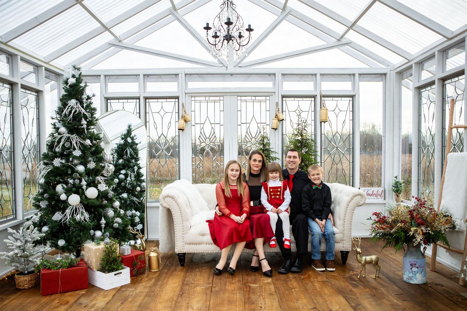 A bright conservatory decorated for Christmas with multiple trees and holiday decor along glass windows and walls.