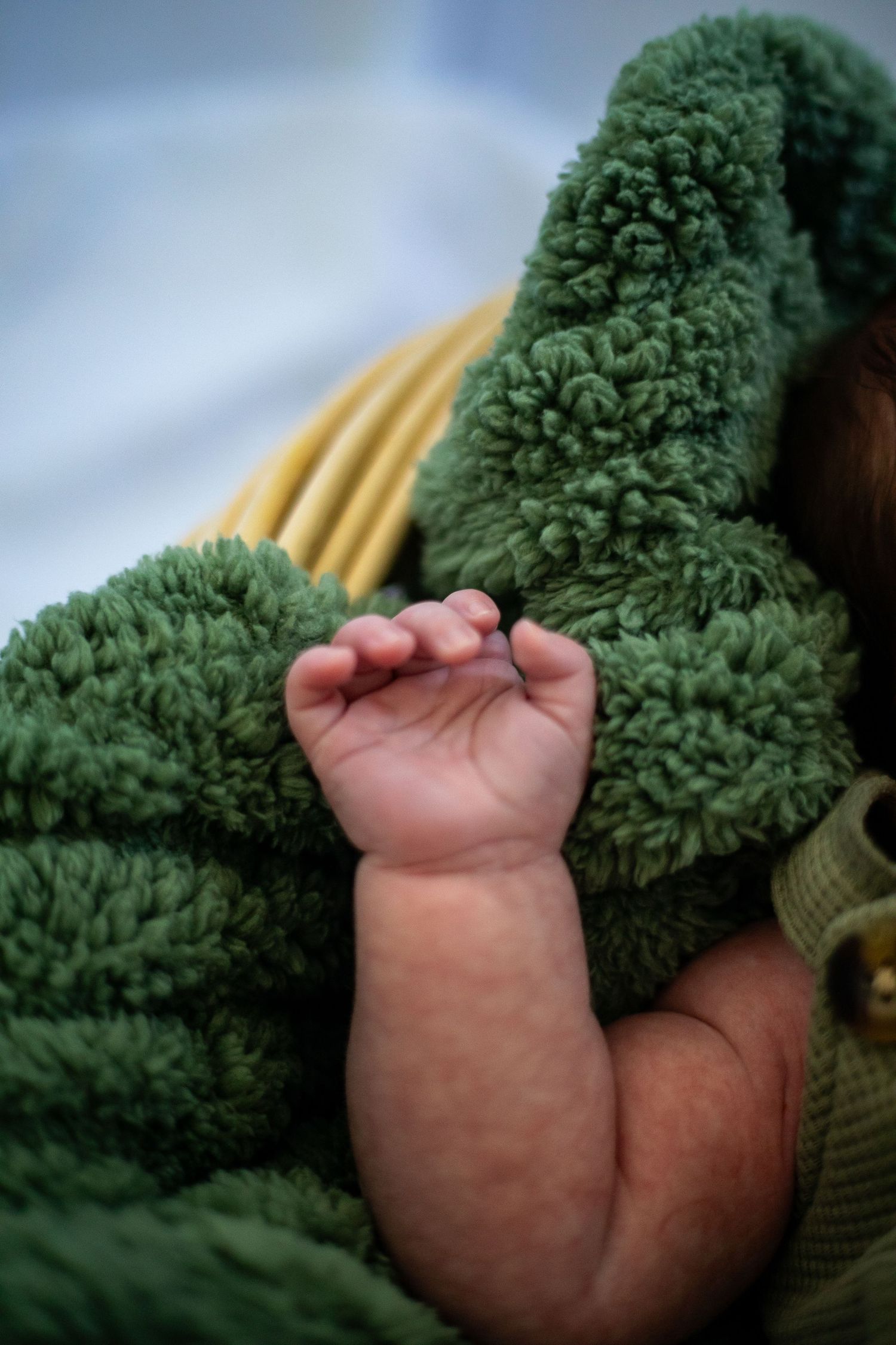 Close-up of tiny baby feet wrapped in green knit blanket.
