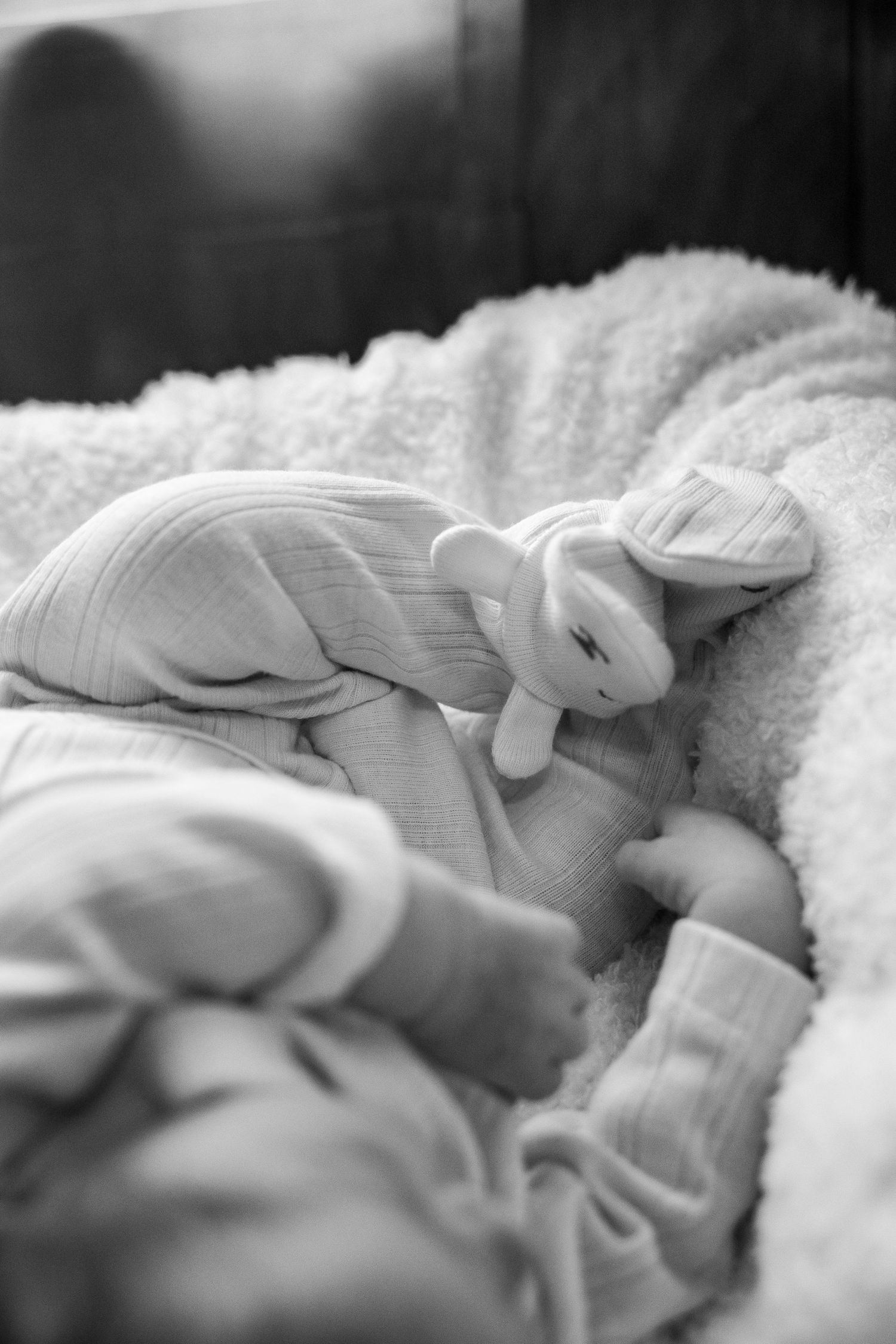 Black and white photo of a sleeping newborn baby holding a stuffed bunny toy, wrapped in soft blankets.