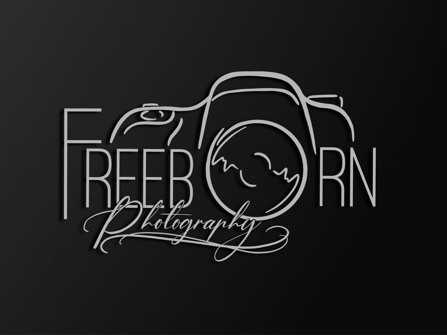 Simple line drawing of camera logo with photography text on dark background.